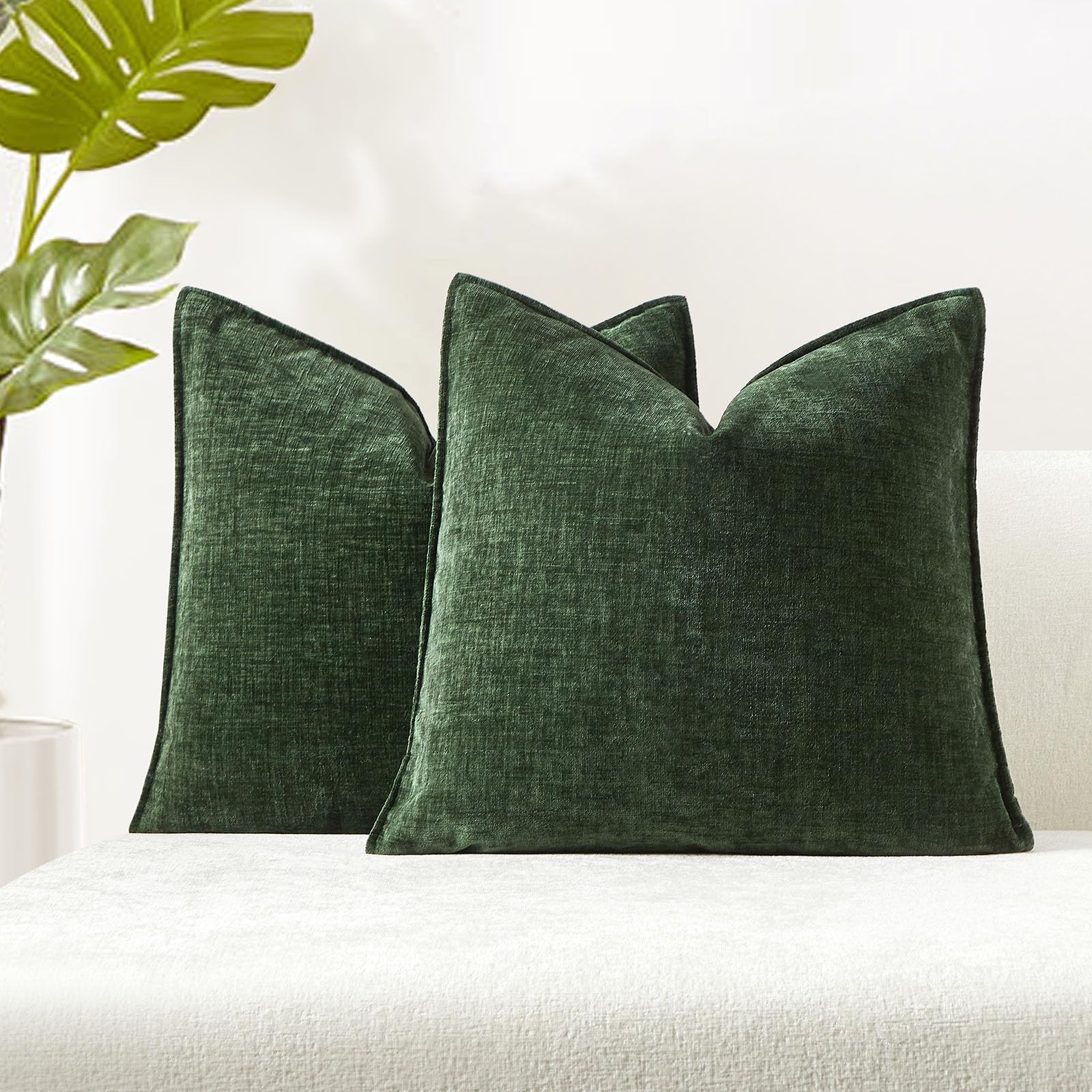 JUSPURBET Green Chenille Throw Pillow Covers 22x22 inch Set of 2 Decorative Soft Textured Cushion Cases for Living Room Sofa Couch Bed Solid Home Decor Broadside Pillowcases