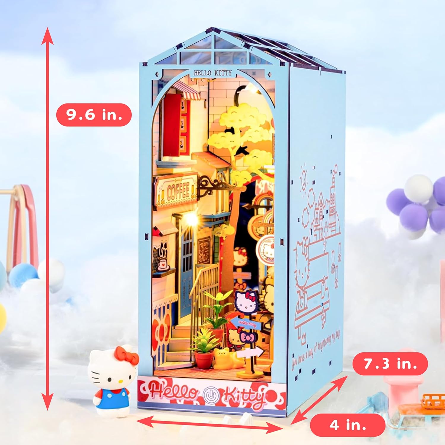 Hands Craft DIY Miniature Kit Book Nook - Hello Kitty Town Square | Whimsical Miniature Scene | Intricate Design, Adorable Charm | LED Lights | Bookshelf Decor | Gift for Hello Kitty Fans