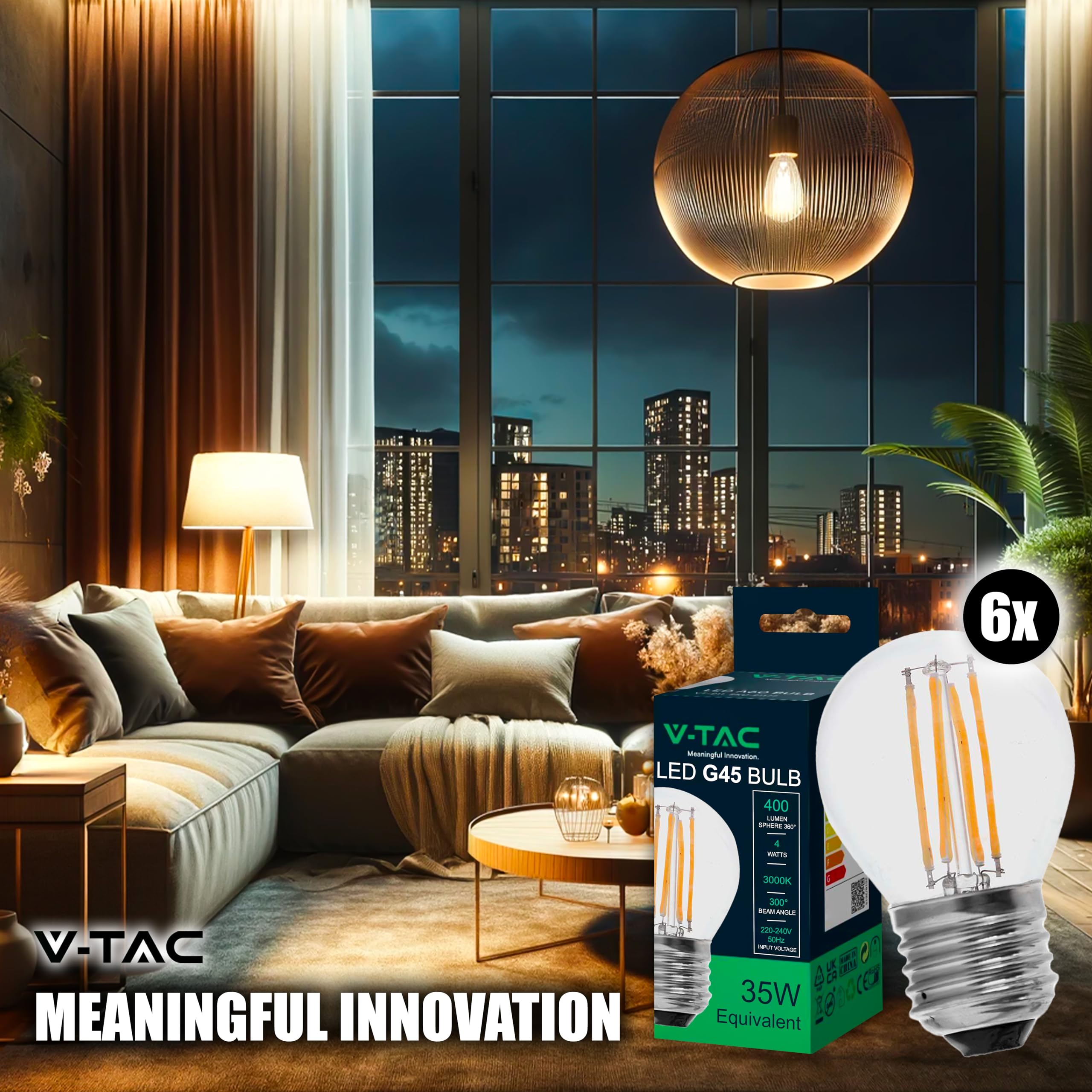 V-TAC 6x Lampadine LED Filamento G45 Attacco E27-4W (Equivalenti a 35W) - 400 Lumen - Lampadina Massima Efficienza e Risparmio Energetico - Luce Bianca Calda 3000K, 214306-6 (Confezione da 2)