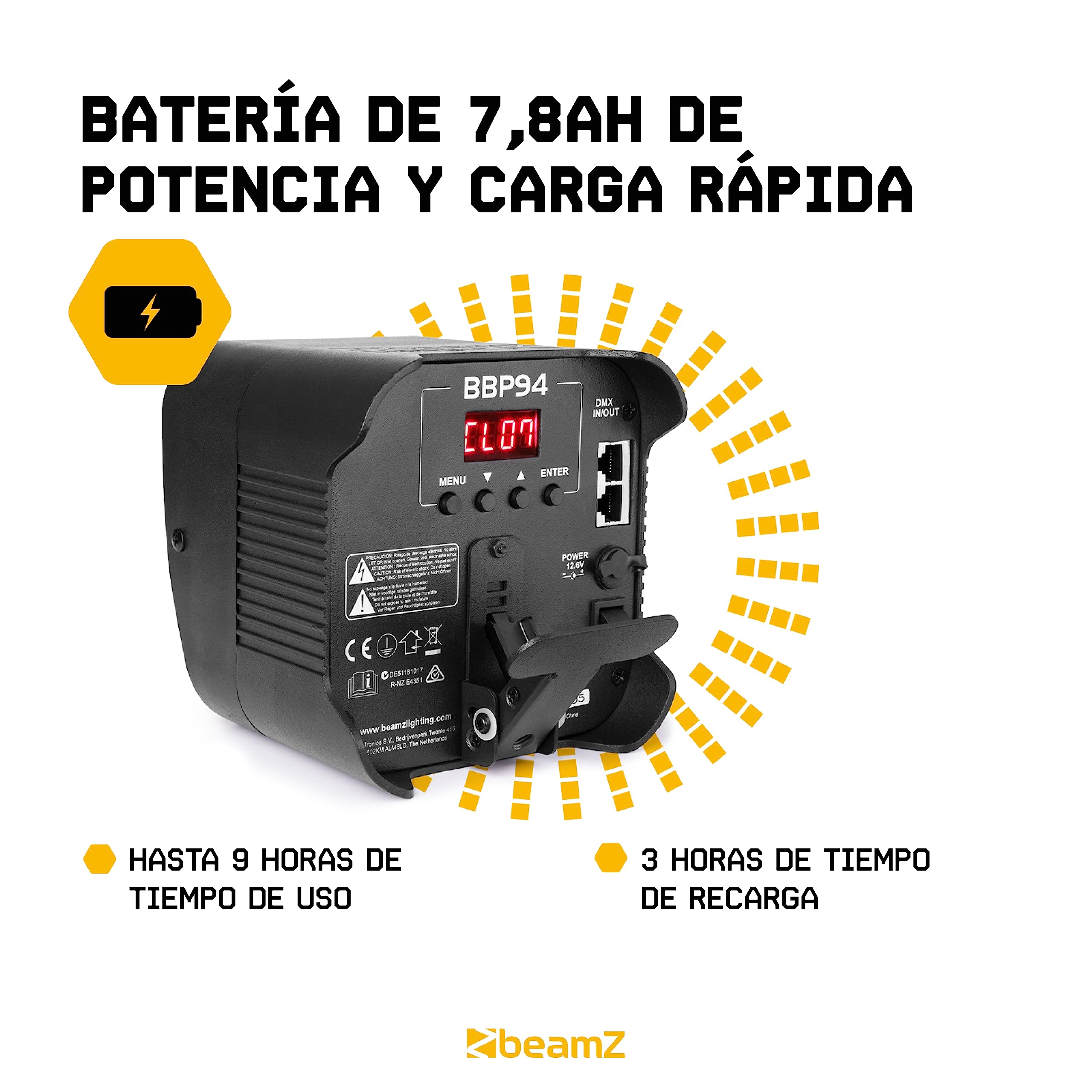 BeamZ BBP94 Pack 4 focos PAR LED con batería y flightcase | 4 barras LED RGB, control por secciones, mando y DMX, perfectas para escenarios y paredes