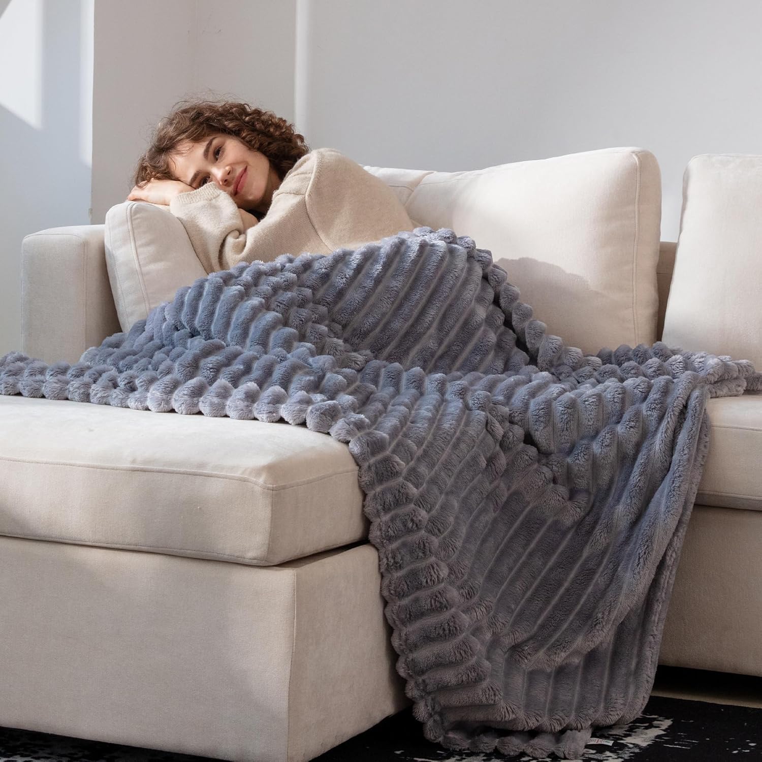 Super Soft Queen Blanket for Bed, Premium Silky Flannel Fleece with 3D Striped Jacquard Design, Lightweight and Cozy for Living Room, and All-Season Use, 90x90 Inches.Light Grey - Image 3