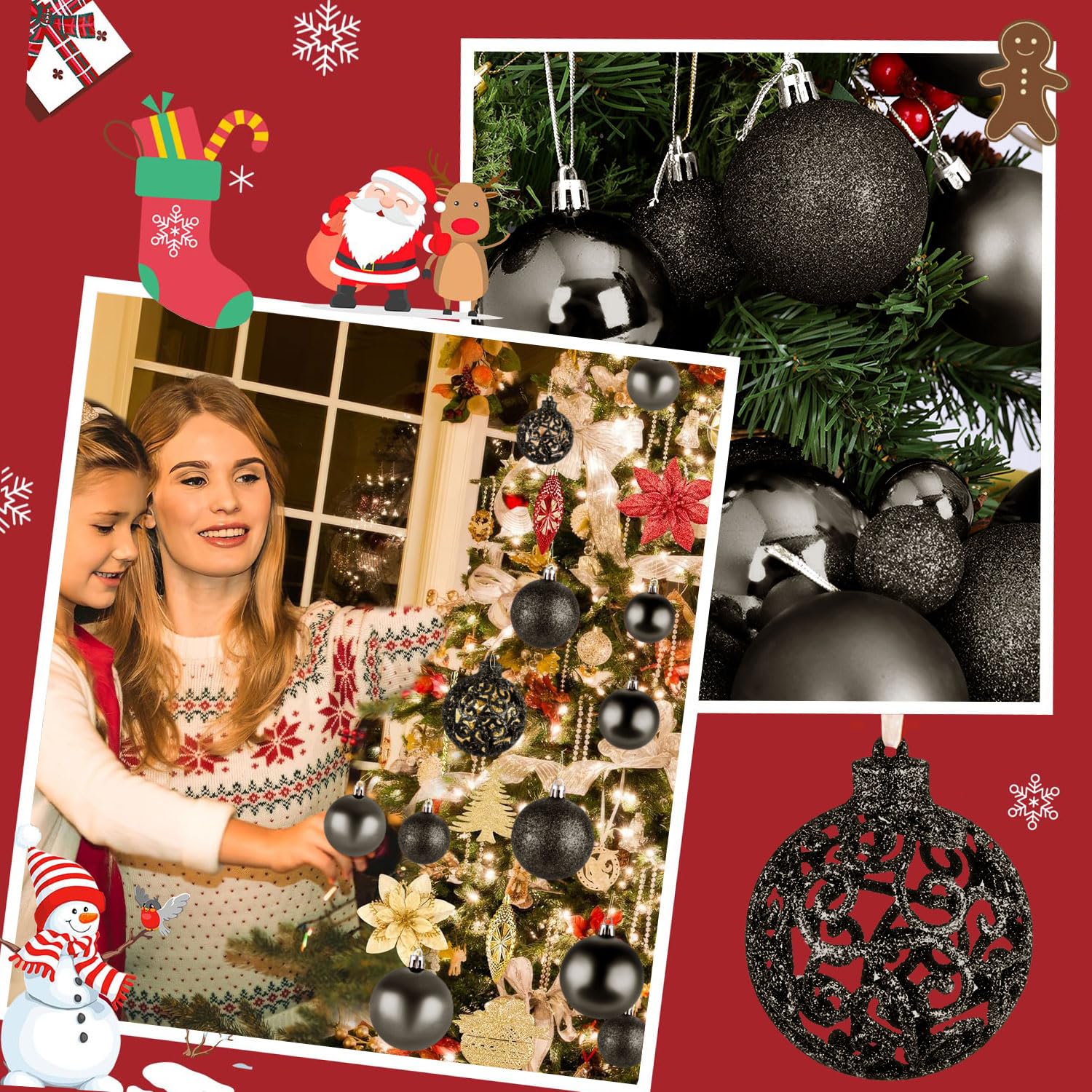 Taeku Palline di Natale Set, 100Pcs Plastica Addobbi Natalizi Palline Decorative Infrangibili Baubles di Natale con Ganci per Feste di Matrimoni e Natale (Nero)