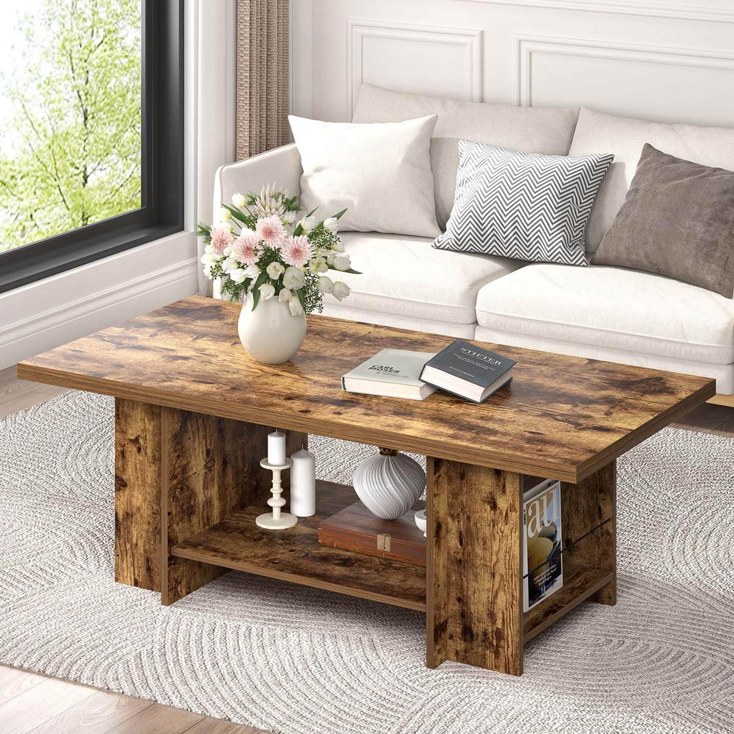 FOLUBAN Rustic Brown Coffee Table for Living Room 2 Tier Low Center Table with Storage Rectangle Cocktail Tea