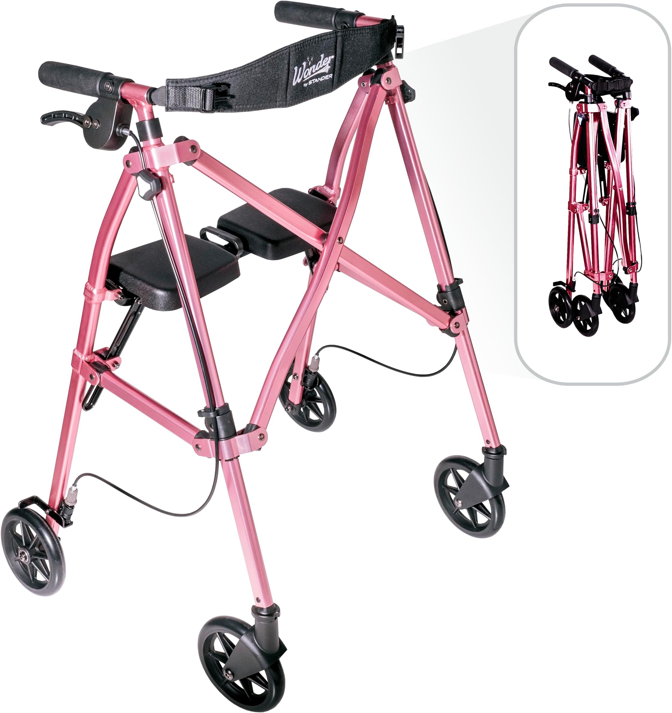 Able Life Comfortably Independent Space Saver Rollator, Lightweight Folding Mobility Rolling Walker for Seniors and Adults, 6-inch Wheels, Locking Brakes, and Padded Seat with Backrest, Regal Rose