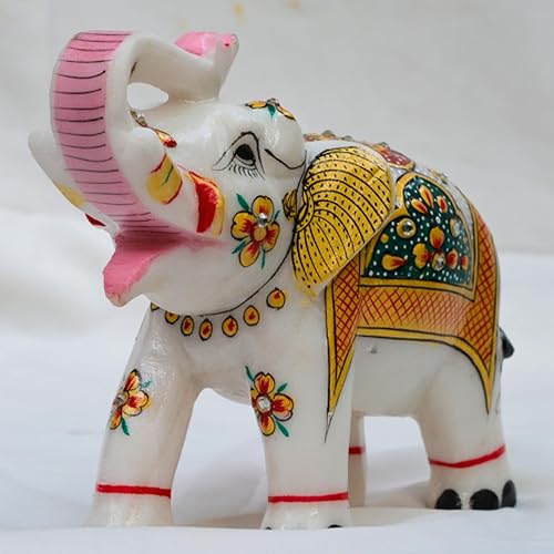 Miniatura 4 de Estatua de elefante de mármol de 5 x 7 pulgadas con pintado a mano  Escultura de mármol hecha a mano  Estatua de elefante auspicioso Figuras