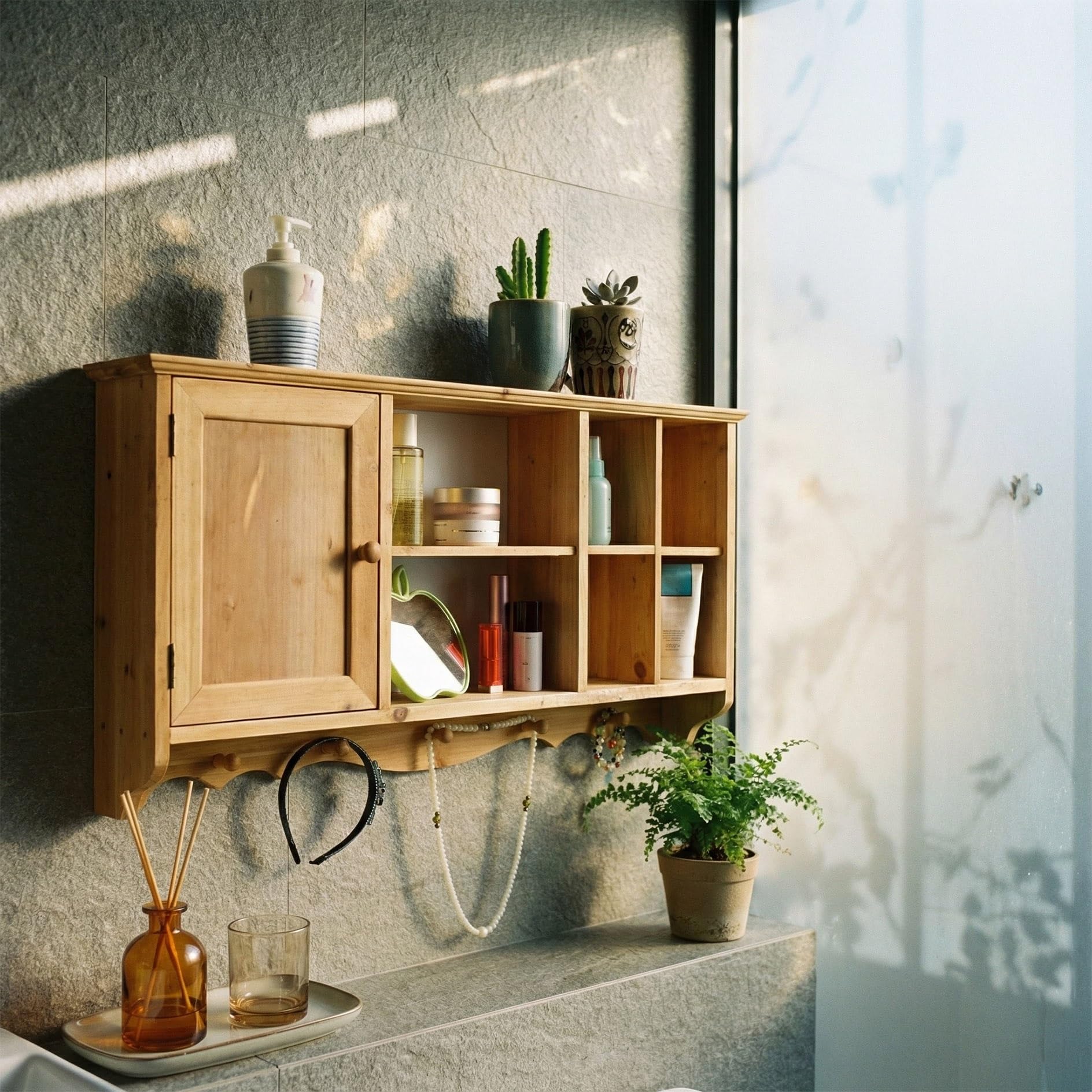 Wandregal aus Holz mit mehreren Schlitzen, platzsparender Hängeschrank mit Türen und 5 Hoo schwebendem Sto Rack für Wohnzimmer, Schlafzimmer, Küche, Dekor (Holz 1)