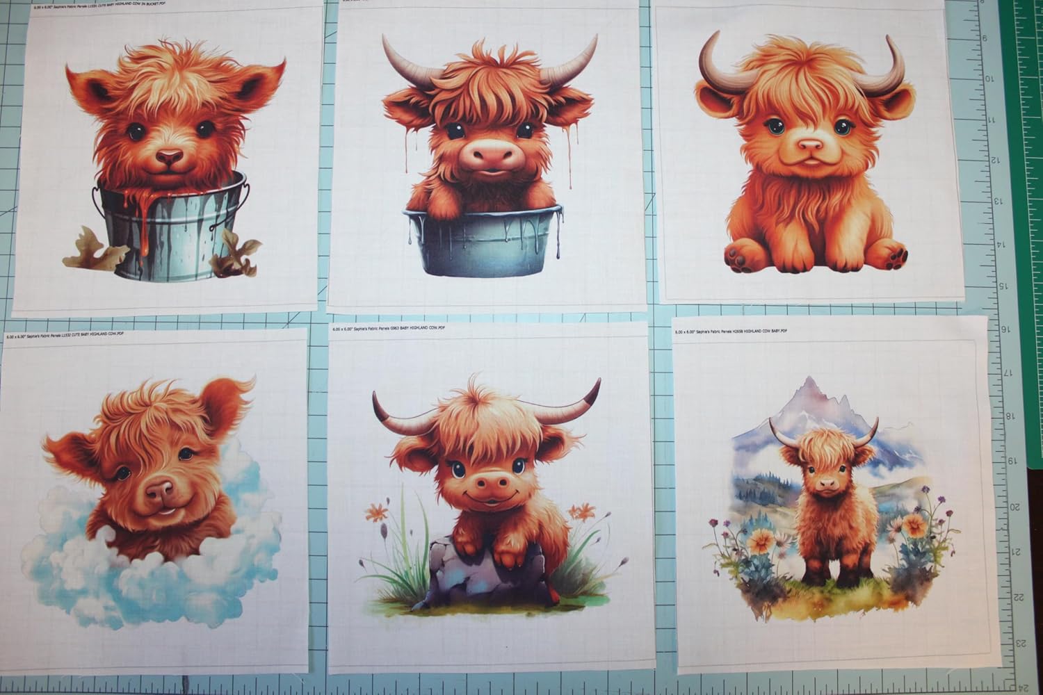 6 Piece 5"x5" Cute Highland Cows 100% Cotton Fabric Panel Squares | Quilting Panel Blocks MP101