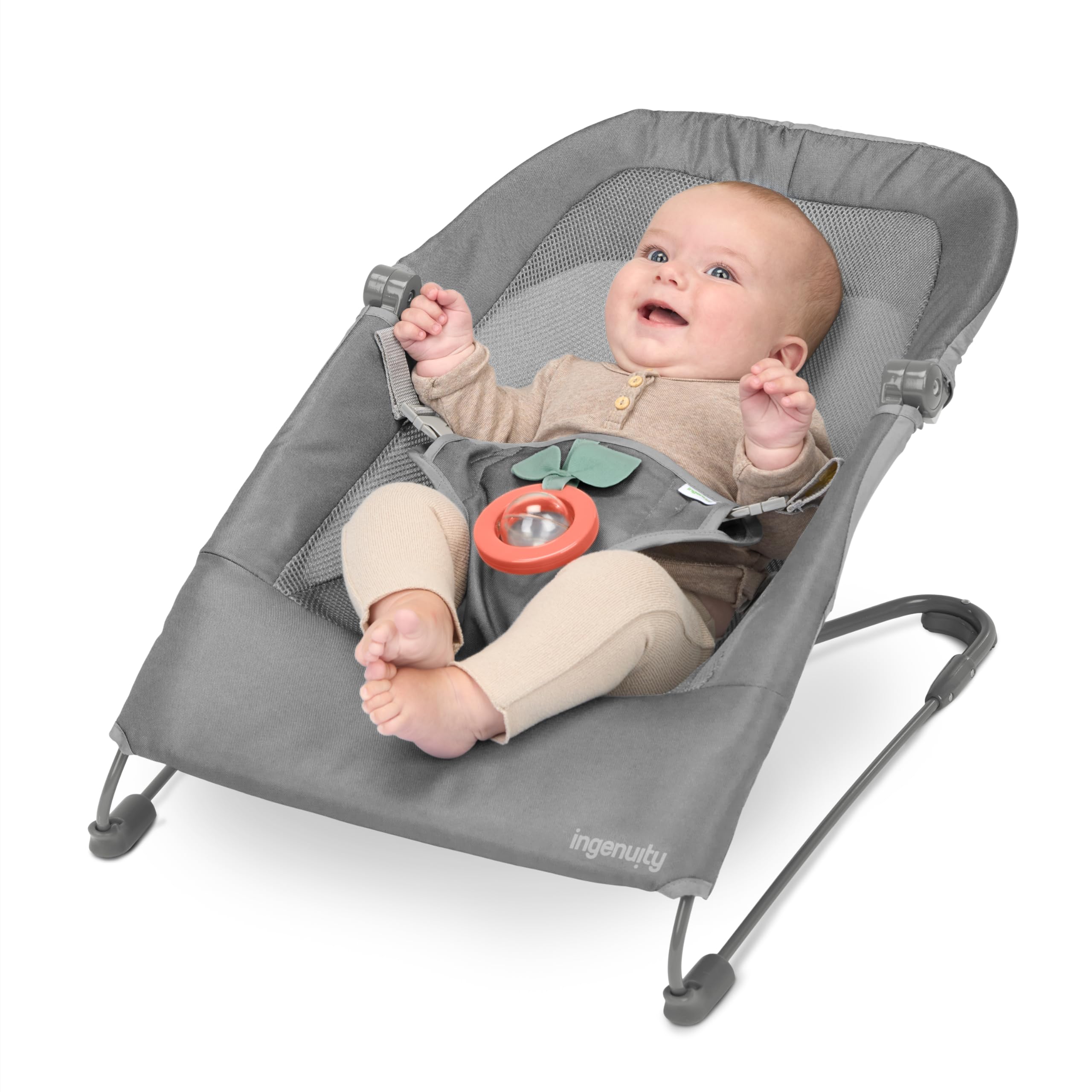 Ingenuity Stow & Go kompakte Falt Babywippe, leichter tragbarer Sitz mit Vibration & Spielzeug, Grau,