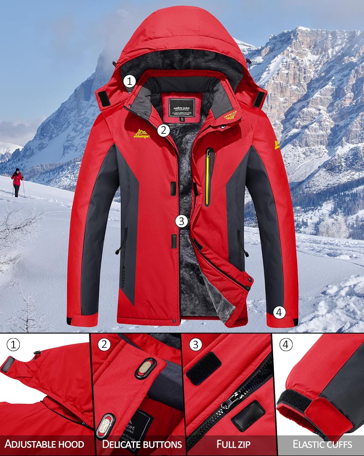 Waterdichte Ski Jassen Vrouwen Winter Outdoor Wandelen Regenjas Jas Lichtgewicht Winddicht Windjack Jassen Met Afneembare Capuchon Volledige Zip Gewatteerde Ski Jassen Met Zip Zakken, Zwart, XXL