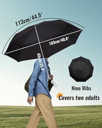 Compact Travel Umbrella Windproof Strong- Automatic Folding Umbrellas for Wind and Rain, Double Vented Canopy 210T Fabric 102cm Span - Portable Umbrella for Men and Women