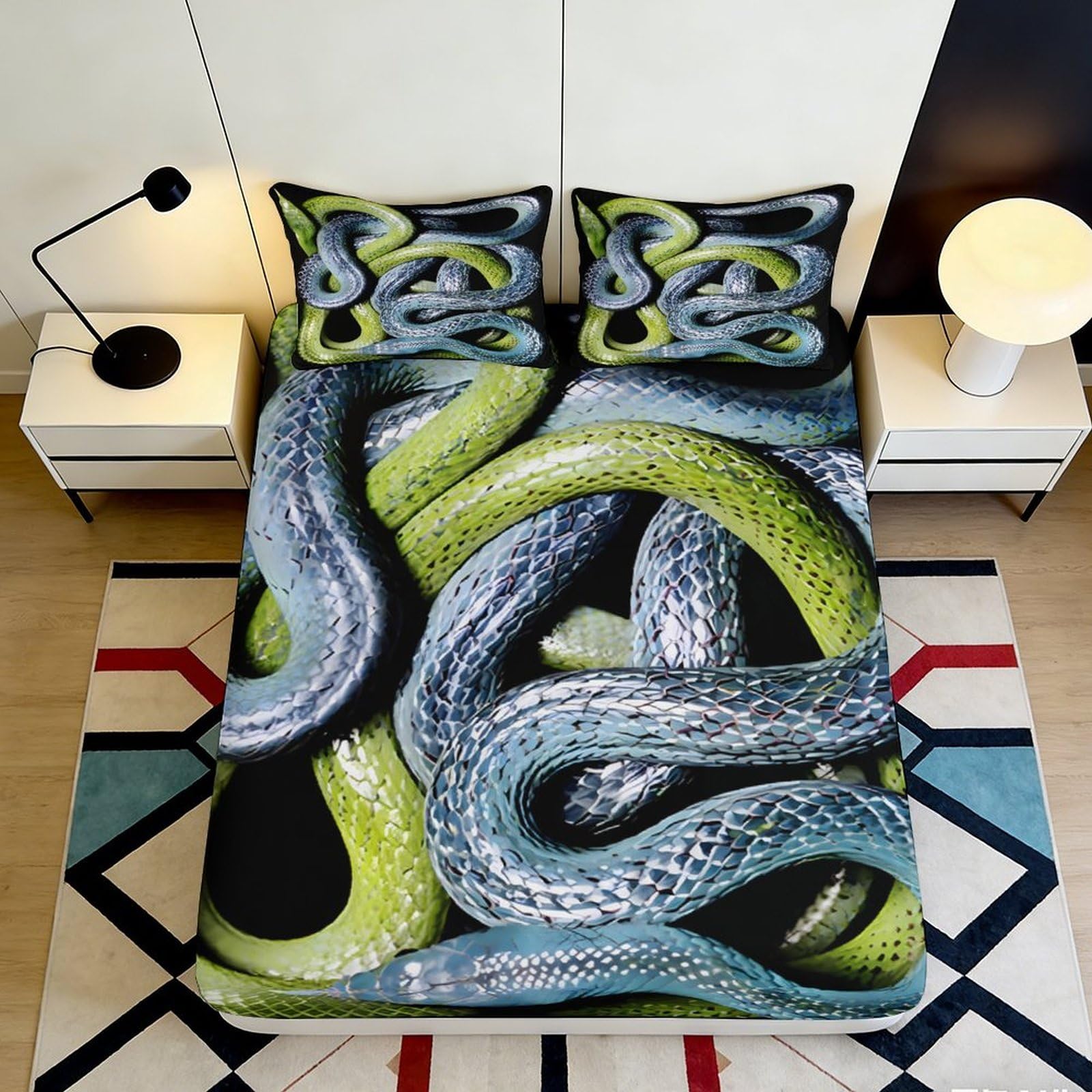 3D Printed Snake Pattern Fitted Sheet Microfiber Soft Breathable Reptile Bed Cover for Bedroom Dorm Decor Protection 90x200x25cm