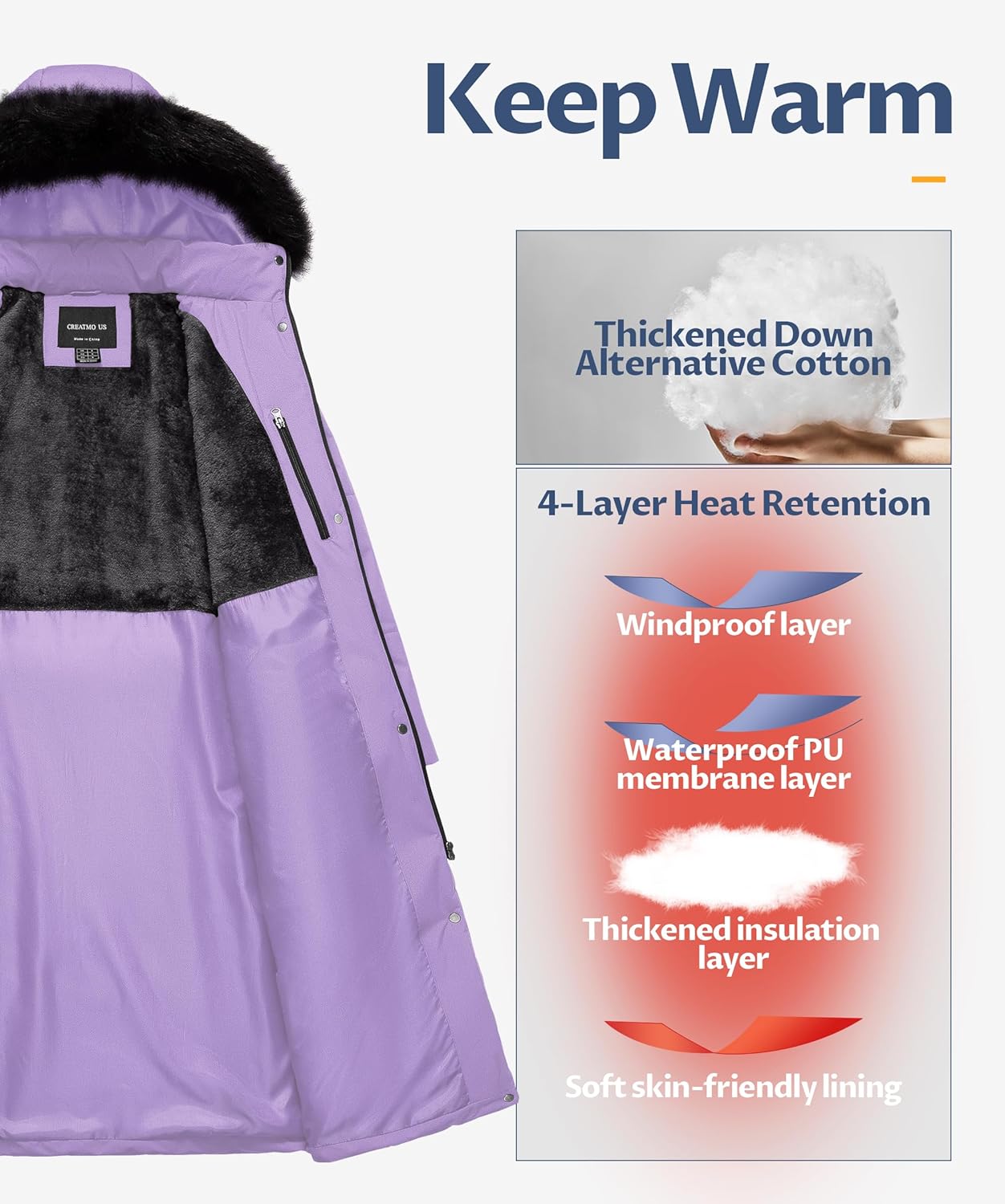 CREATMO US Women's Long Winter Coat Warm Waterproof Puffer Jacket Snow Quilted Bubble Parka with Hood - Image 3