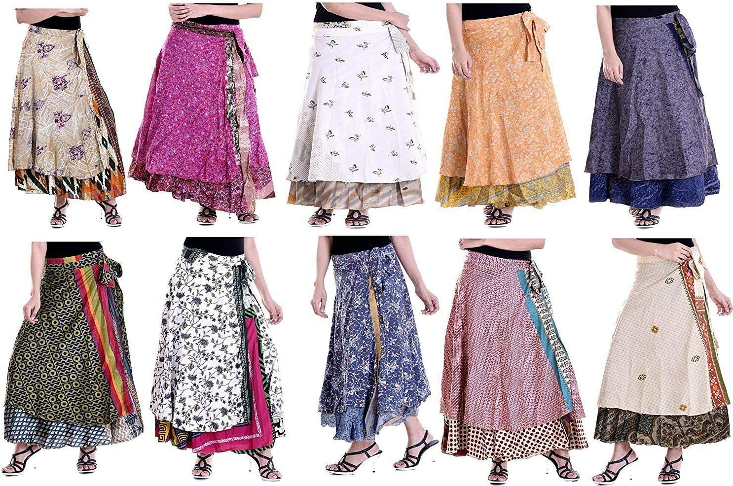 Indian Women's Long Wrap Skirt - 2 Layered Swimwear Beach Cover-Up - Art Silk Magic Wrap - Printed Womens Style