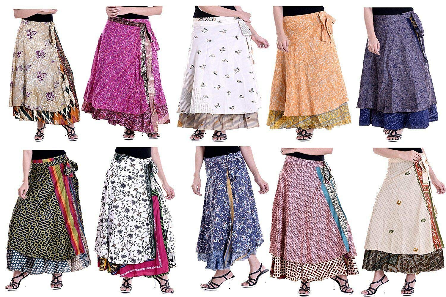 RadhykrishnafashionsIndian Women Long Wrap Skirt 2 Layered Cover-Ups Swimwear Beach Wrap Skirt Wholesale Lot Art Silk Magic Wrap Womens Printed Wrap Style