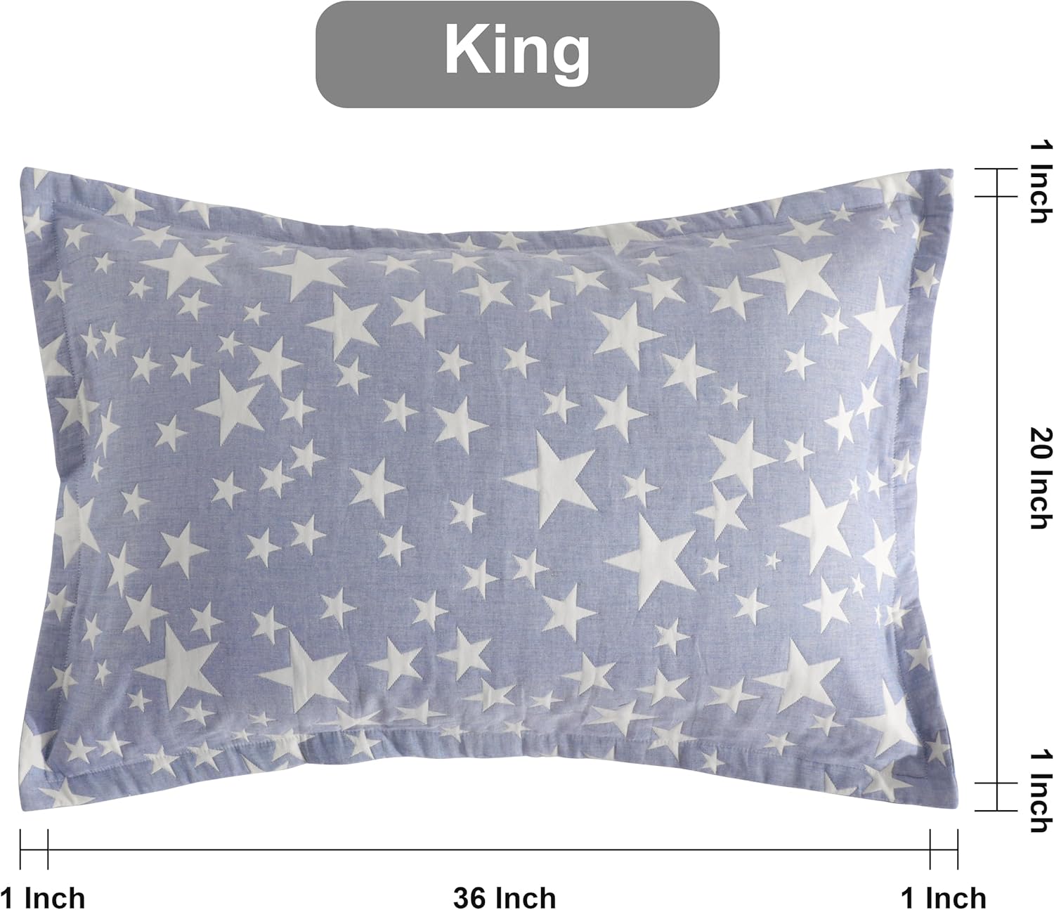 NTBAY Cotton King Pillow Shams, 3 Layer Muslin Breathable Soft Thermal Yarn Dyed Sham Covers, 2 Pack 20x36 Oxford Pillowcases with Envelope Closure, Blue Stars - Image 2