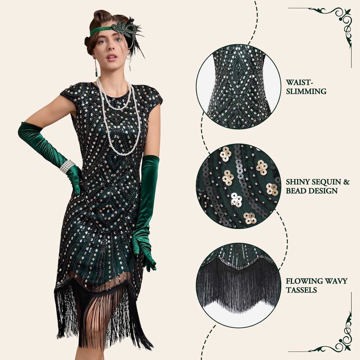 1920s Dresses for Women, Roaring 20s Great Gatsby Flapper Dresses Fringed Sequin Vintage Dress with Accessories Set - Image 5