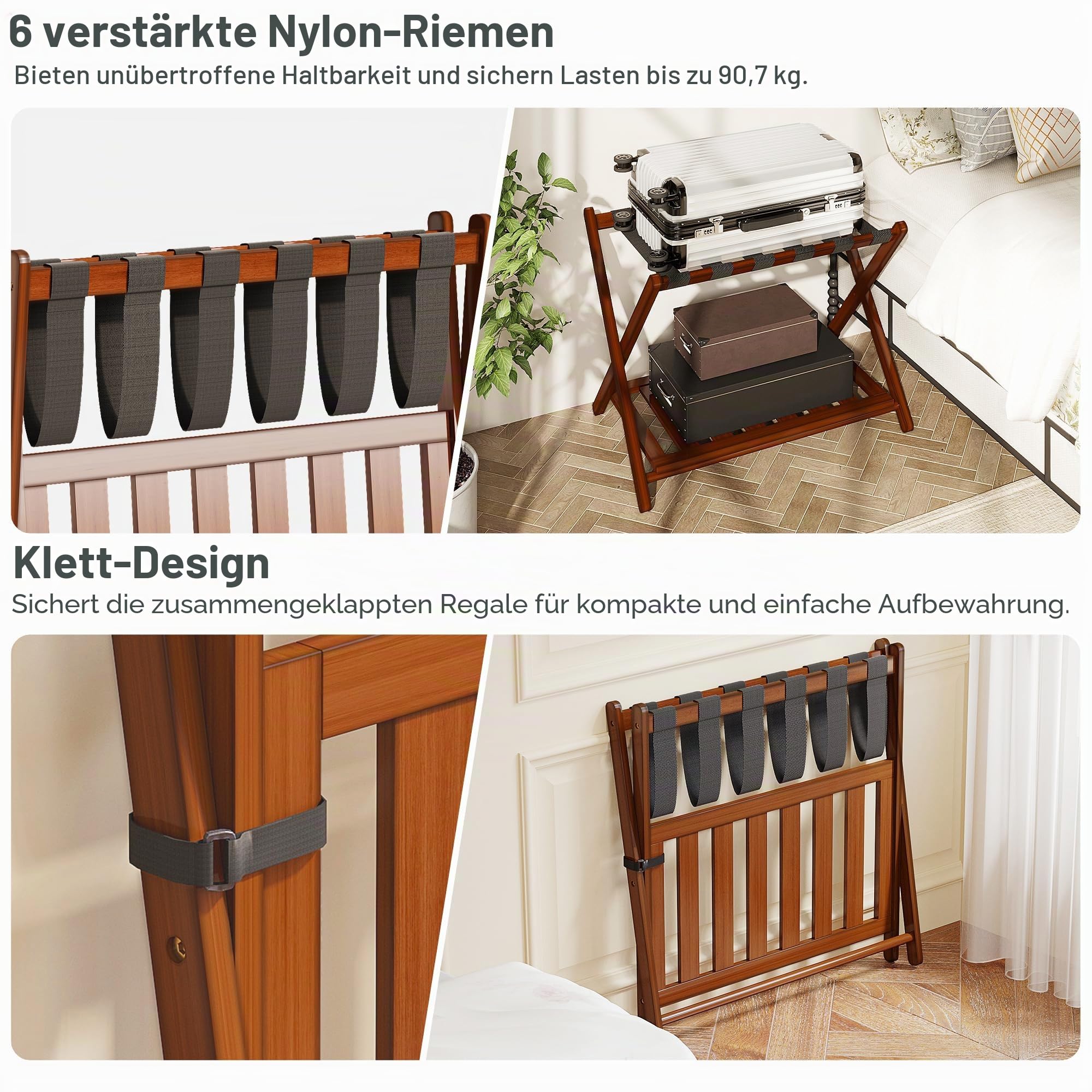 BAMBOOHOMIE Bambus Gepäckablage für Gästezimmer, 26,77" Klappbarer Kofferständer mit Ablagefach, Verstärkter Gepäckständer für Schlafzimmer und Hotels, Gepäckablage für Koffer (2er-Set, Braun)