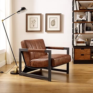 Zouron Genuine Leather Chair, Mid Century Modern Accent Chair with Black Metal Frame, Upholstered Lounge Single Sofa Arm Chair for Living Room Bedroom, Red Brown