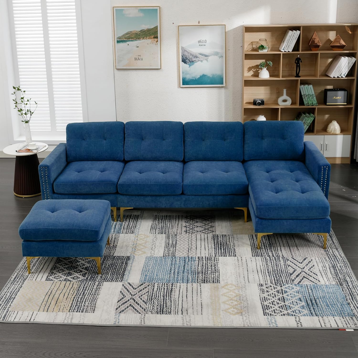 Merax Velvet L-Shape Sofa 4 Seat with Chaise and Movable Ottoman 110.6" Sofa Couch for Living Room, Apartment, Office (Blue)