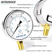 Vista 4 de MEANLIN MEASURE - Manómetro electromecánico de acero inoxidable, relleno de líquido, esfera con cara de 2.5 pulgadas, NPT de 1/4 de pulgada, agua