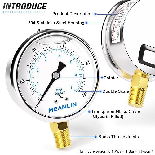 Miniatura 4 de MEANLIN MEASURE - Manómetro electromecánico de acero inoxidable, relleno de líquido, esfera con cara de 2.5 pulgadas, NPT de 14 de pulgada, agua,