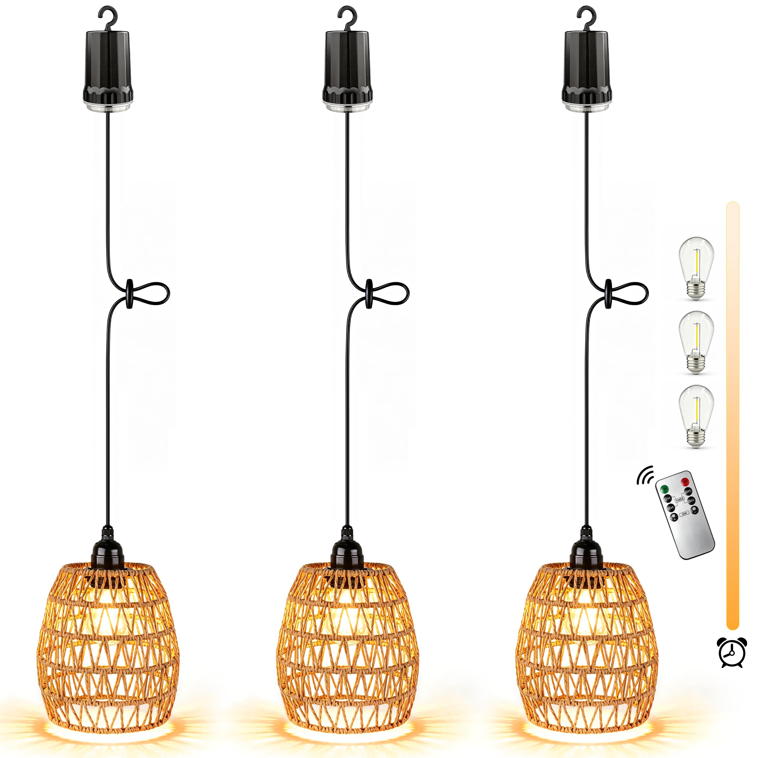 3 x Rattan Hängelampe mit Batterie, Dimmbar Hängeleuchte Batteriebetriebene Lampe mit Fernbedienung Ohne Stromanschluss, Außen Innen Tragbare Boho Korb Lampenschirm Pendelleuchte für Garten Balkon