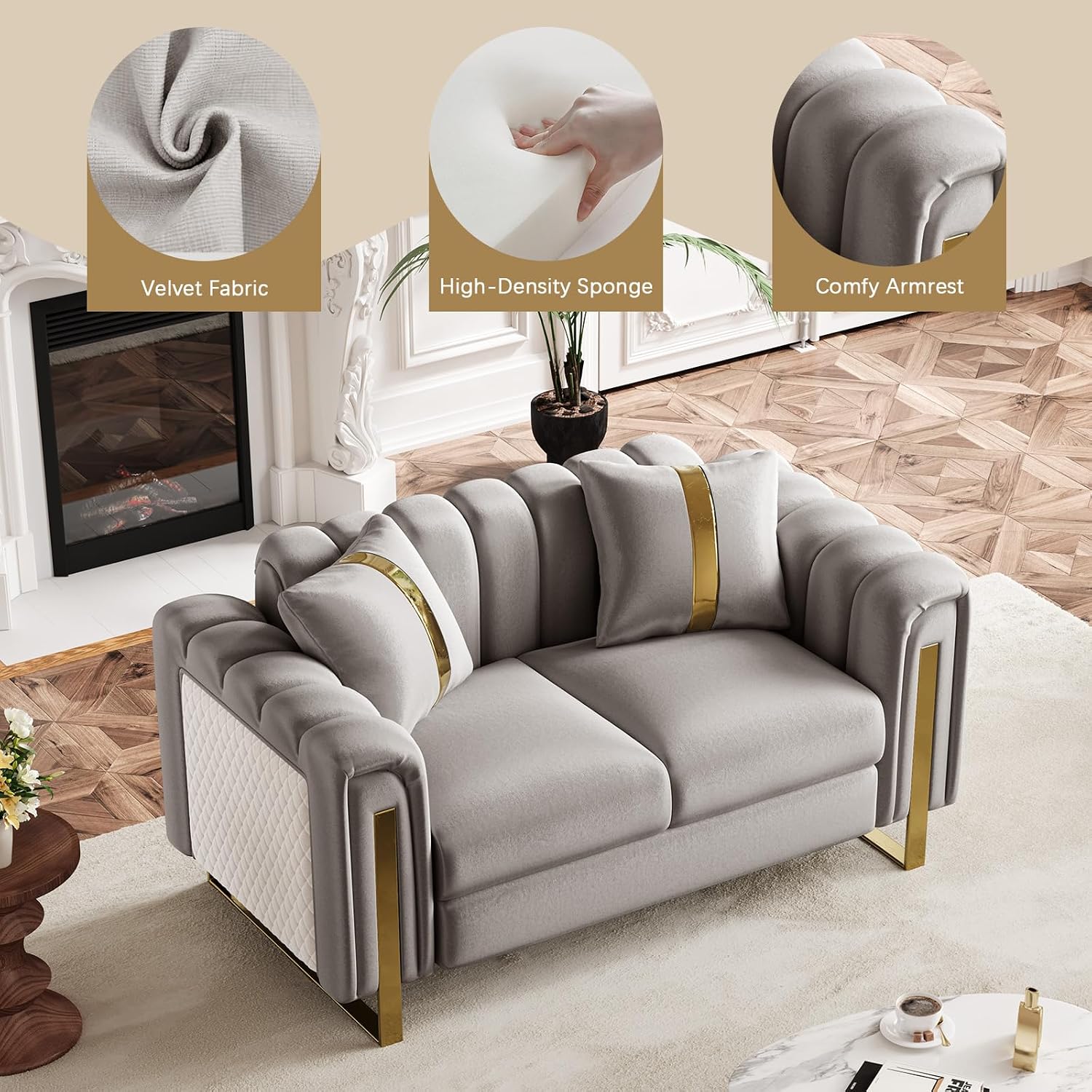 67" Chesterfield Sofa Luxury Velvet Couch Modern Silver Grey and Gold Sofa for Living Room, Mid Century Victorian Loveseat with Removable Cushions & 2 Toss Pillows & Gold Metal Legs, Silver Grey