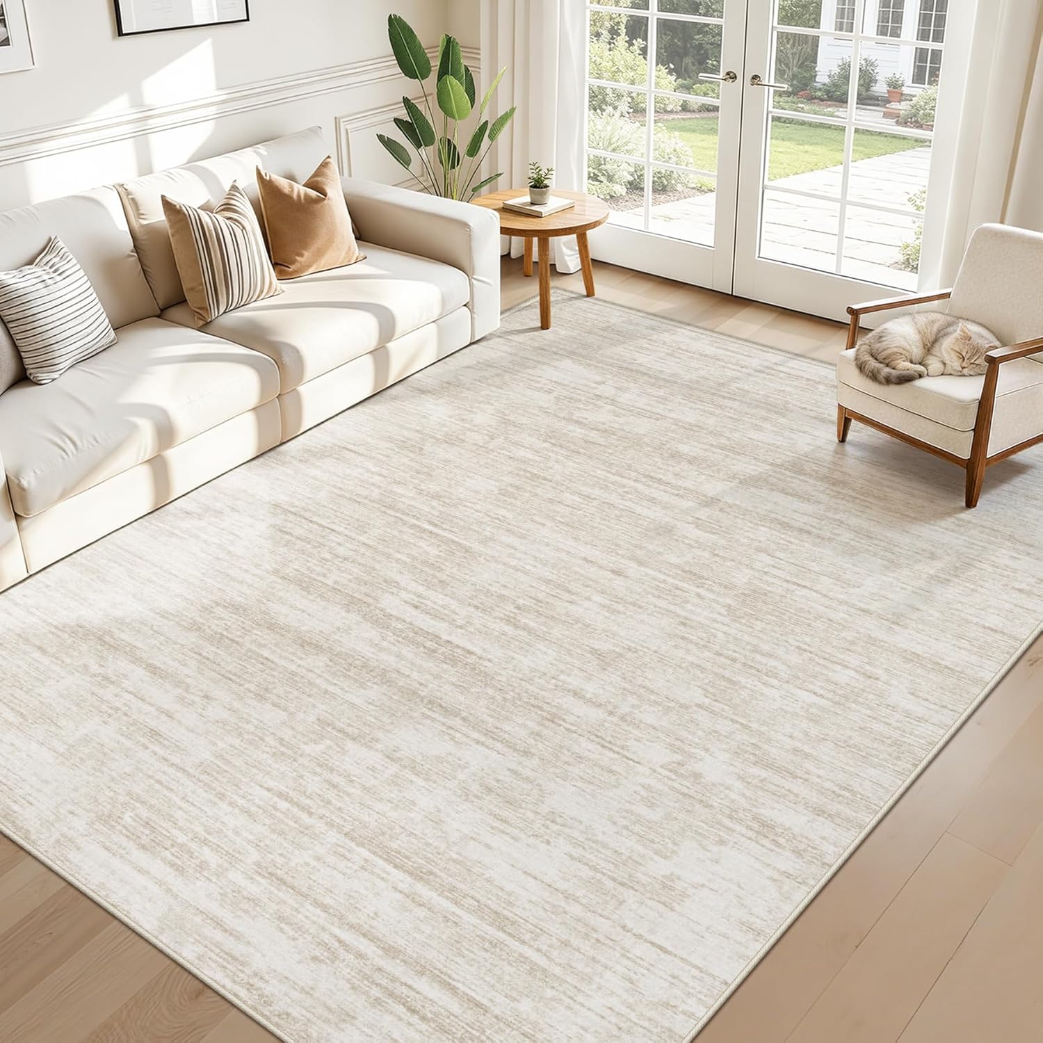 5x7 Washable Area Rugs, Neutral Modern Abstract Rug Non Slip Low Pile Floor Carpet for Bedroom Nursery Dining Room (Beige, 5'x7')