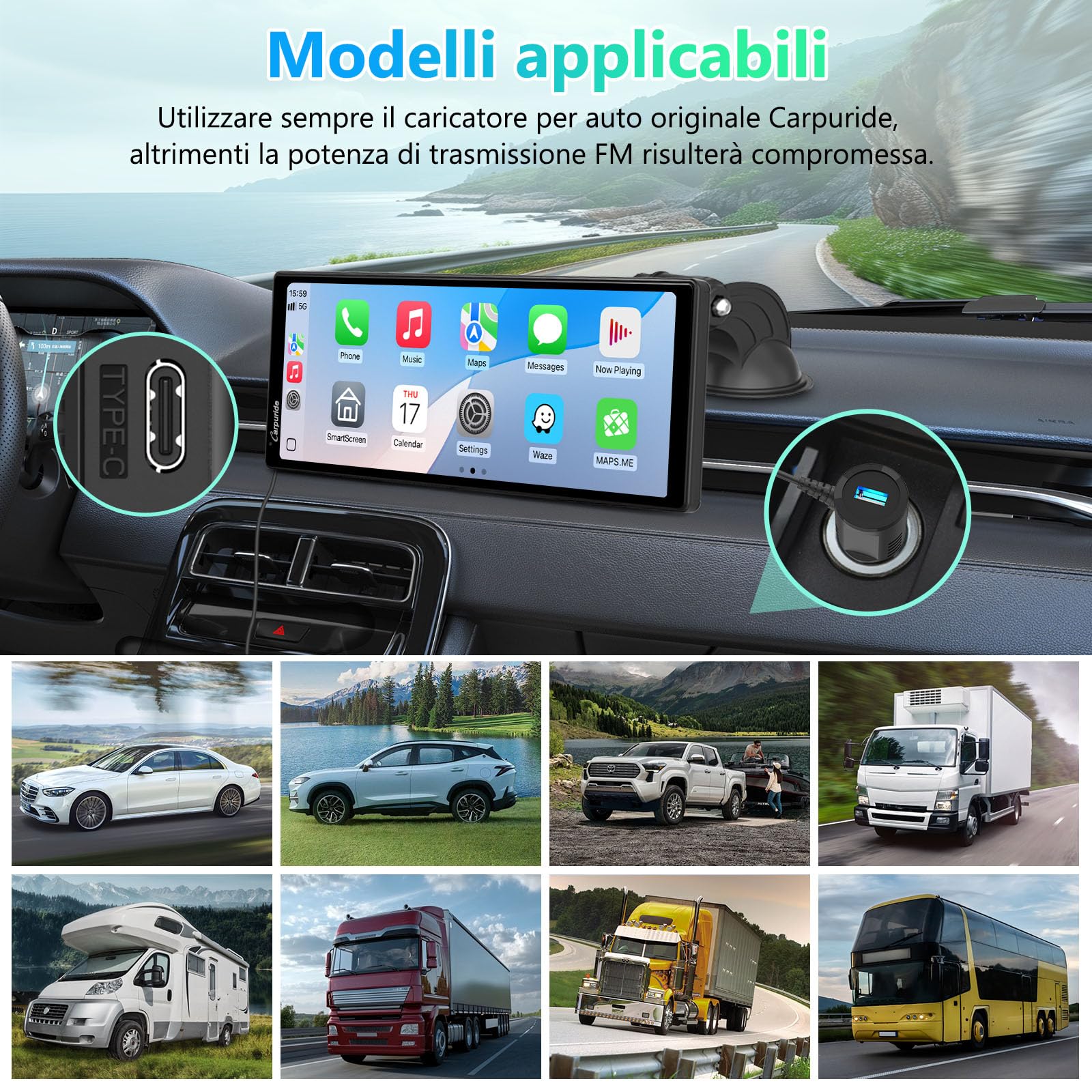 CARPURIDE V92R - Schermo portatile per carplay wireless e Android Auto, touch screen HD da 10,26 pollici, 1080p, con telecamera di backup 720p, BT 5.0, supporto Mirror Link per camion e camper