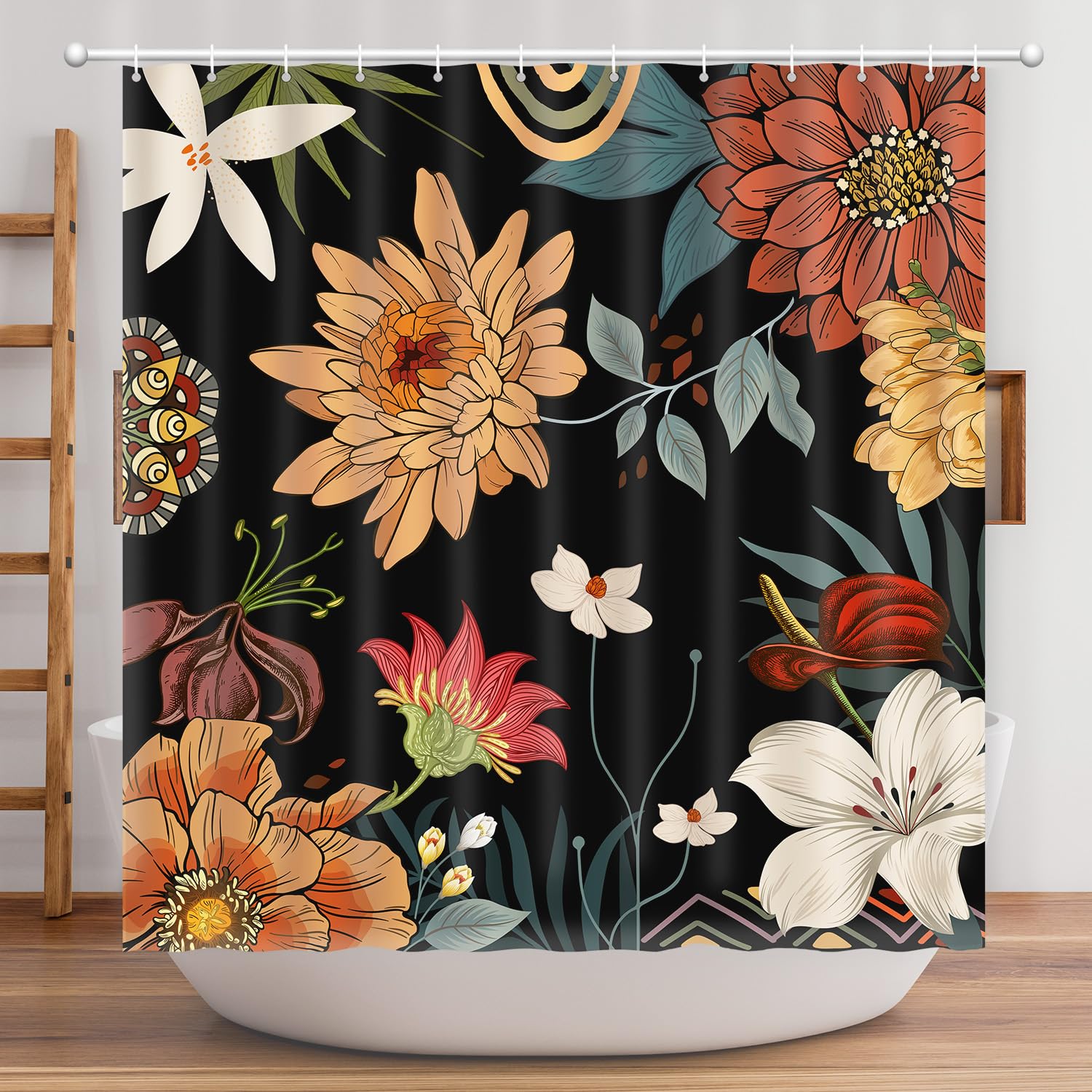 Shower Curtain Boho Floral, Tropical Leaves Shower Curtain Mid-Century Abstract Boho Flowers Chic Shower Curtain Set Waterproof Polyester Fabric Machine Washable Home Farmhouse Decor Bath Curtains