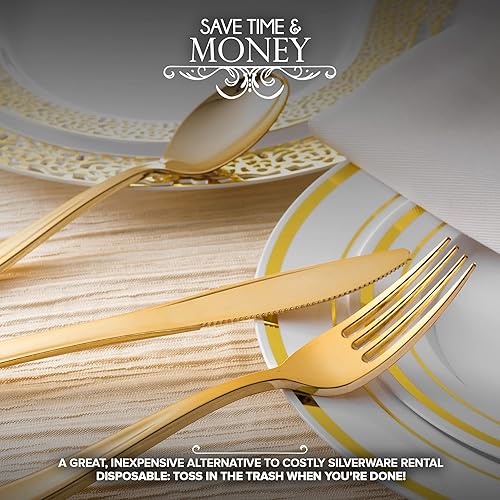 Miniatura 7 de Juego de vajilla de 700 piezas para 100 invitados 200 platos con borde dorado, 100 juegos de cubiertos, 100 vasos, 100 servilletas  Suministros