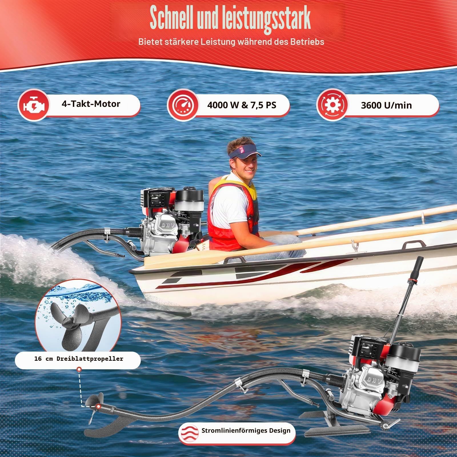 7.5 PS 4Takt Außenborder Motor, 212ccm Heavy Duty Luftgekühlt TCI Außenborder Luftkühlung Elektromotor Benzinmotor Bootsmotor für Schlauchboote, Fischerboote