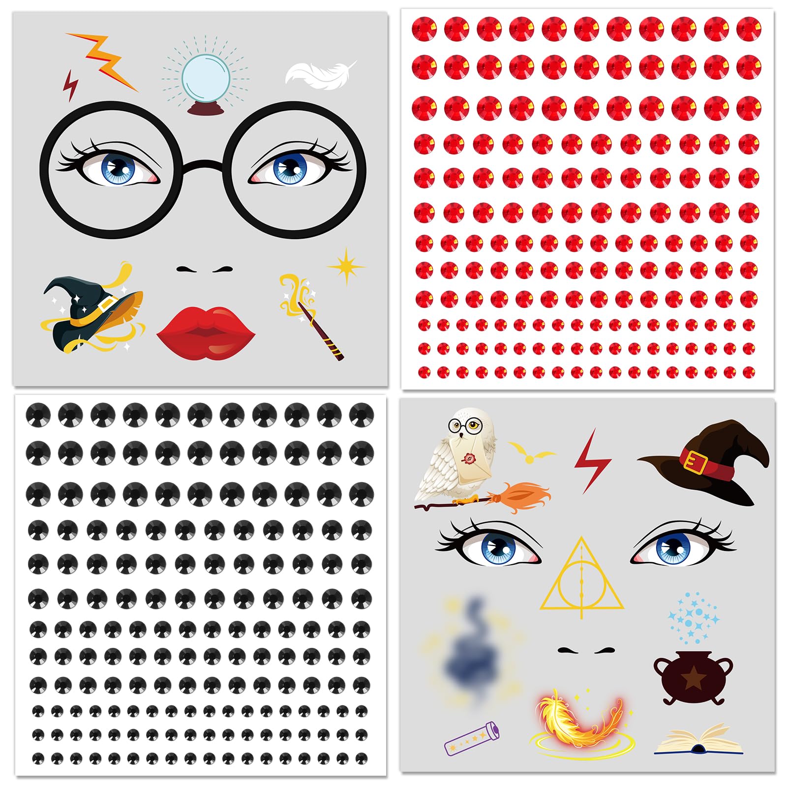 DPKOW Magical Wizard Face Tattoos Halloween Makeup Accessories Magical Wizard Temporary Tattoos with Face Gems Halloween Face Stickers Accessories for Adult Kids Cosplay Costume Makeup Supplies