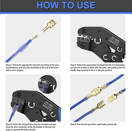 Miniatura 6 de Qibaok - Kit de herramientas de engaste de terminales de cable, crimpadora de cables de trinquete AWG 22-16 (0.5-1.5 mm²) con 500 conectores macho