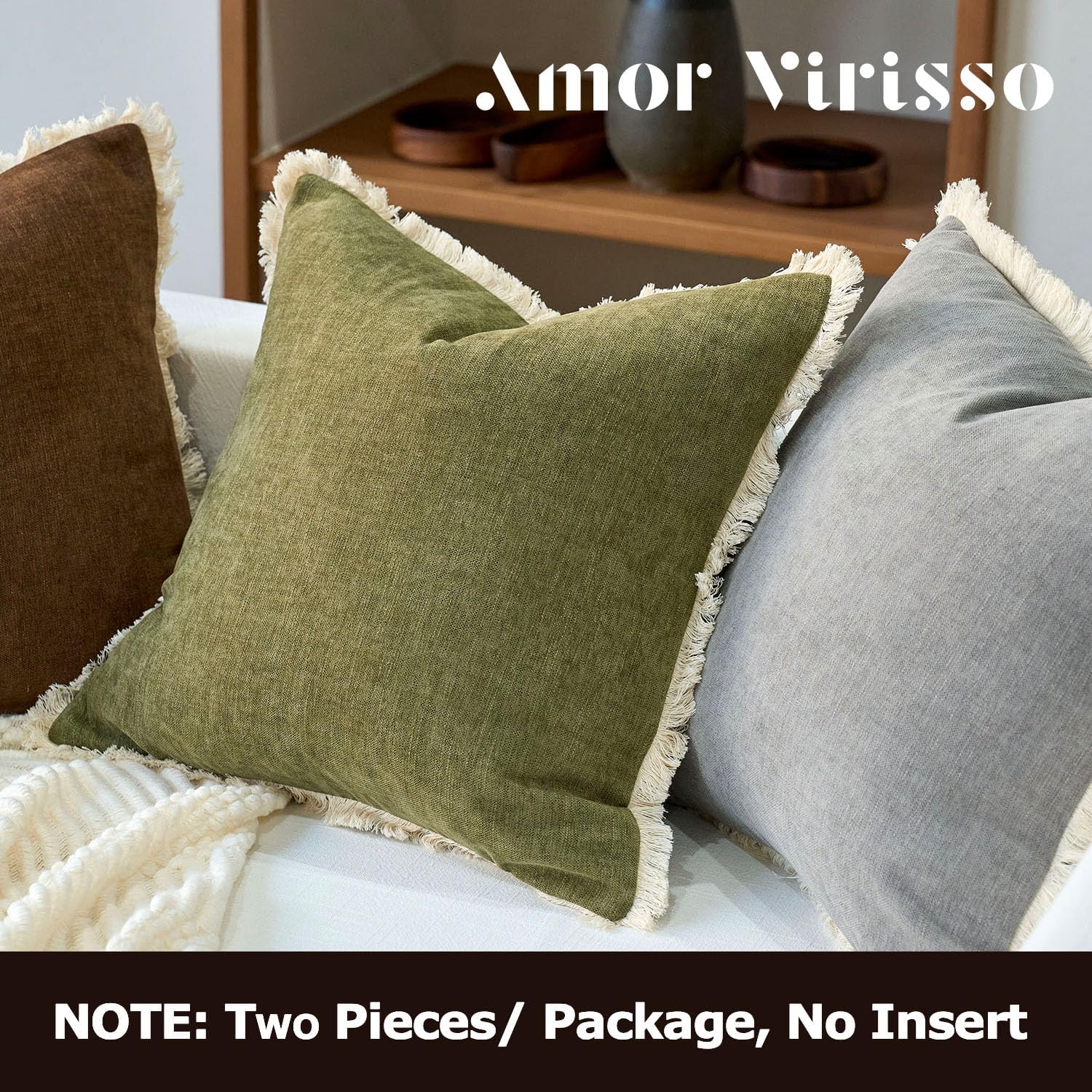 Amor Virisso Fringe Throw Pillow Covers 18x18 Set of 2 Boho Neutral Farmhouse Decorative Pillow Covers with Tassels for Couch Sofa Bed, Olive Green