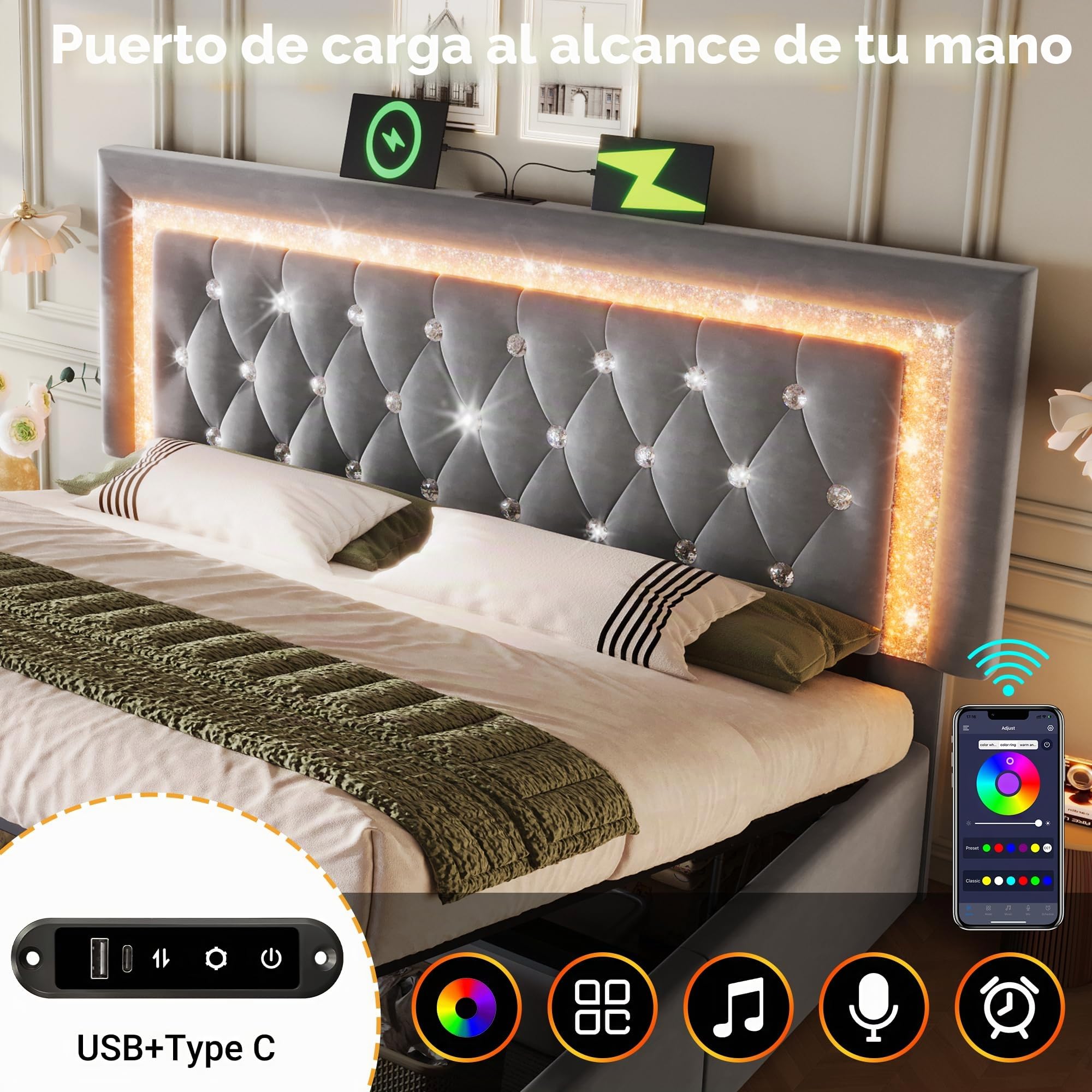Cama Tapizada Matrimonio 160x200 con LED Cabecero y USB, Gris