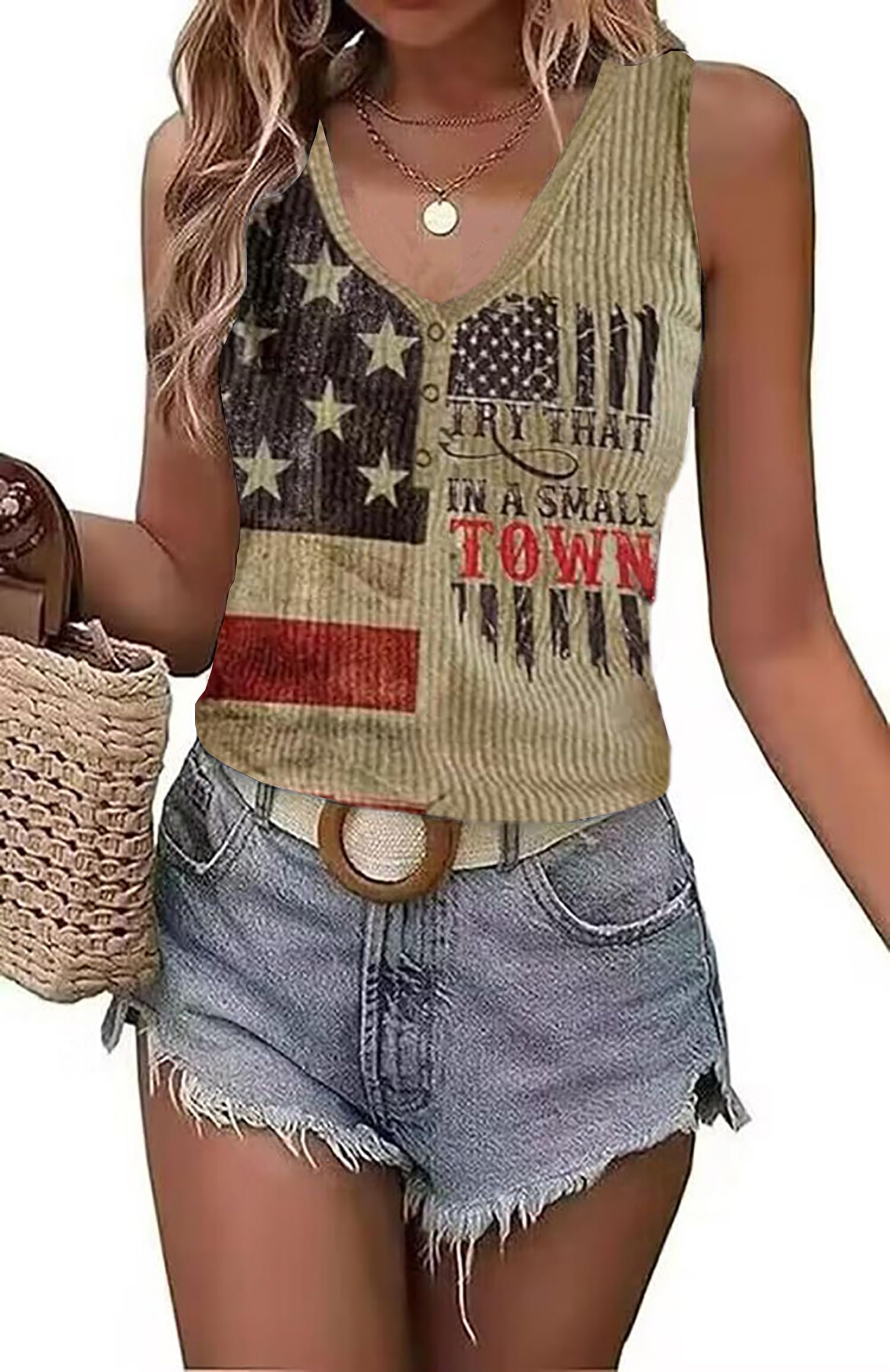 American Flag Lace Up Tank Tops for Women 4th of July Shirts Sleeveless Stars Stripes US Flag Patriotic Tee Tops