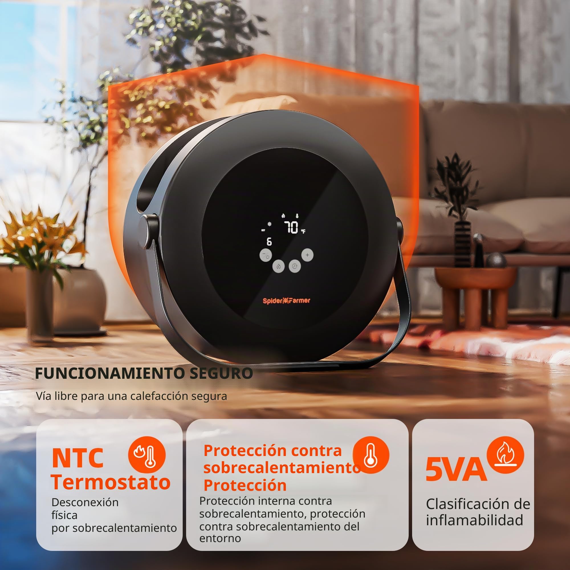Spider Farmer Calefactor de 540 W, regulación inteligente de la temperatura, ahorro de energía, silencioso, 4 modos y temporizador de 24 horas, calefacción de 10 PTC y tubo de ventilación, adecuado