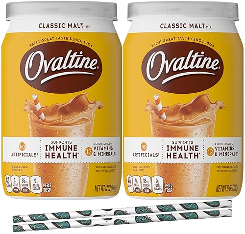 Ovaltine Classic - Mezcla de bebida en polvo de malta, 12 onzas (paquete de 2) con pajitas de papel By The Cup