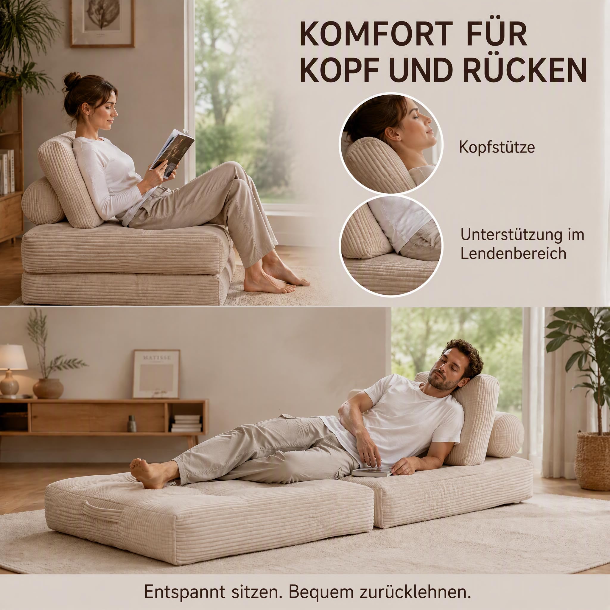 Faltbares Schlafsofa aus Hochflor mit Kopf-Lendenkissen, 192x96cm (Beige)