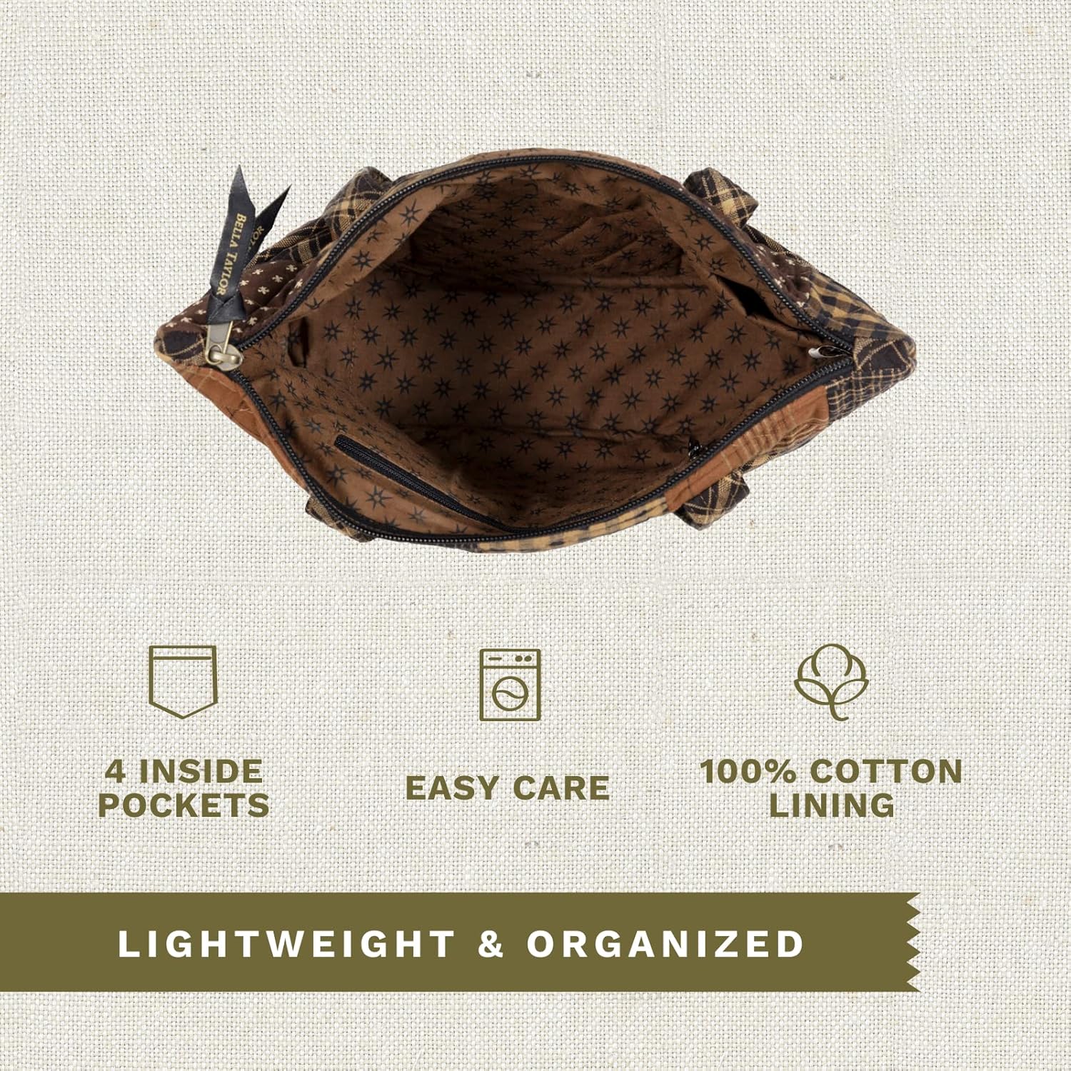 Bella Taylor Small Tote, Quilted Purse for Women, Lightweight Fabric Handbag, 10 Pockets, Zip Top - Image 5