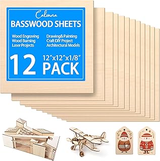 12Pack Balsa Sheets 12x12x1/8in, Unfinished Wood Veneer Planks, Thin Wood Blanks for Crafting Supplies & Materials, Laser Cutting, Engraving, Wood Burning, DIY Crafts for Adults & Children