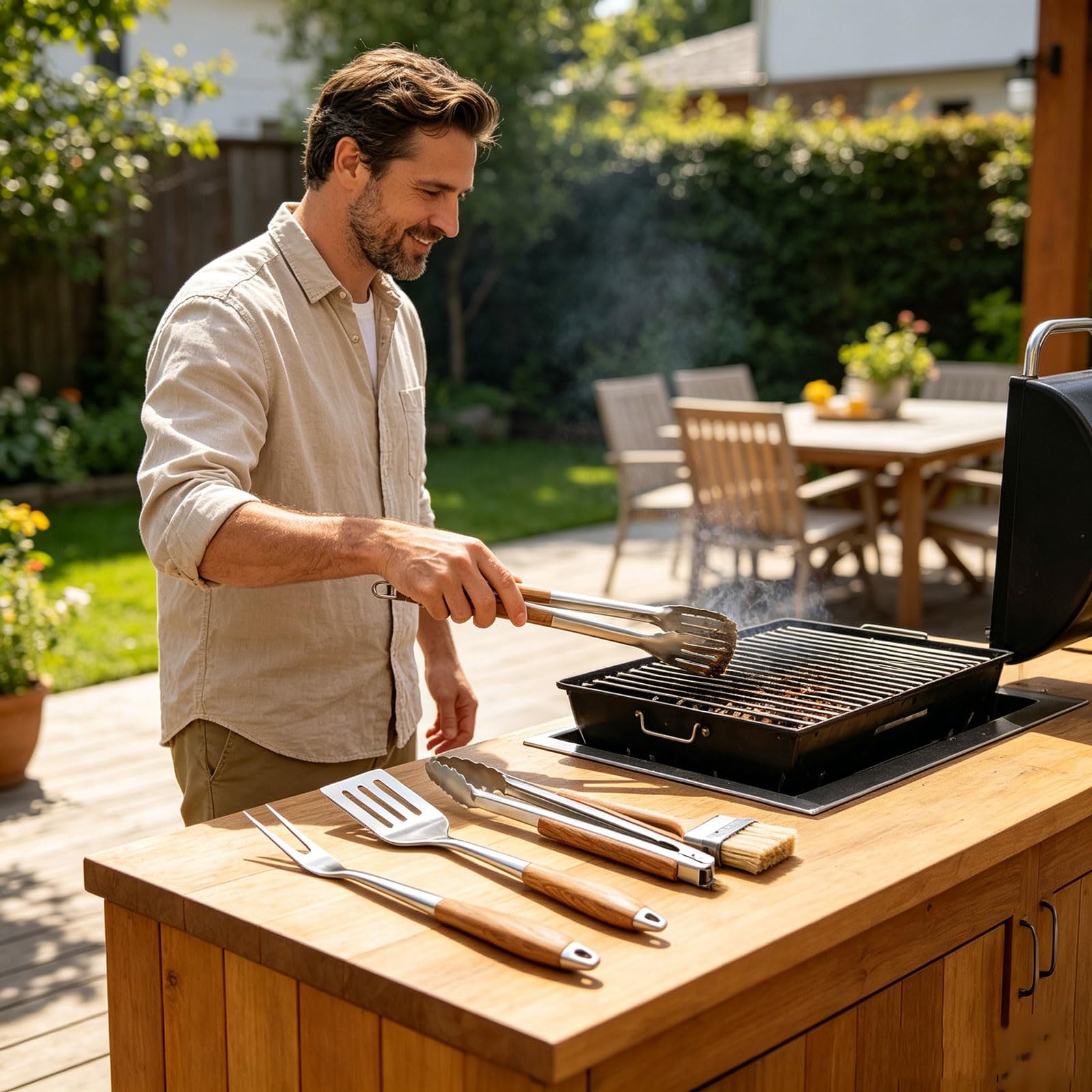 Barbecue Grillbesteck Set, Grillbesteck aus Edelstahl mit Holzgriffen, Kochbesteck mit langem Grillen Freien, Grillbesteck Set aus Edelstahl, Grillbesteck aus Holz