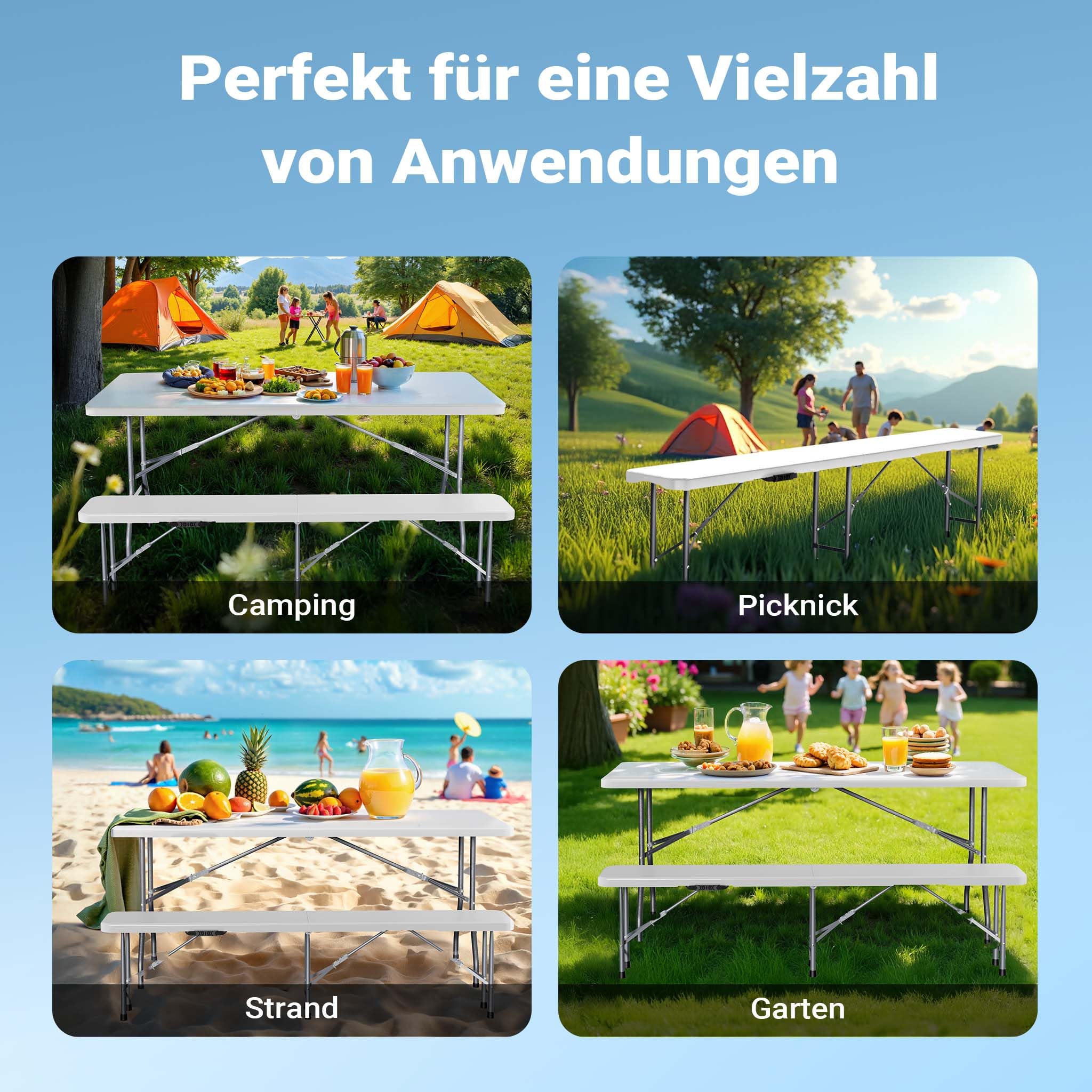 Wiltec Klappbank 180x30x43 cm Camping Sitzbank klappbar Campingbank Gartenbank Bierbank faltbar Sitzgruppe Sitzgarnitur Camping Tisch faltbar