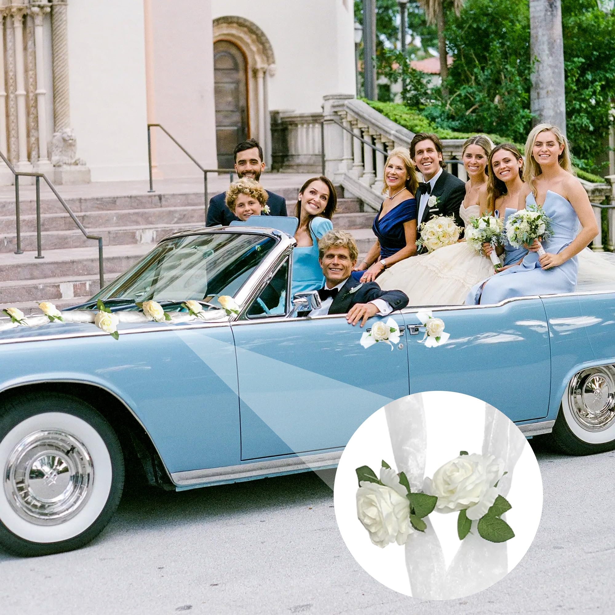 Nueva Vida décoration Voiture de Mariage - Fleurs en Soie pour Votre Voiture Nuptiale - 2 guirlandes décoratives de 180 cm pour Le Capot, INCL. 4 nœuds de Porte