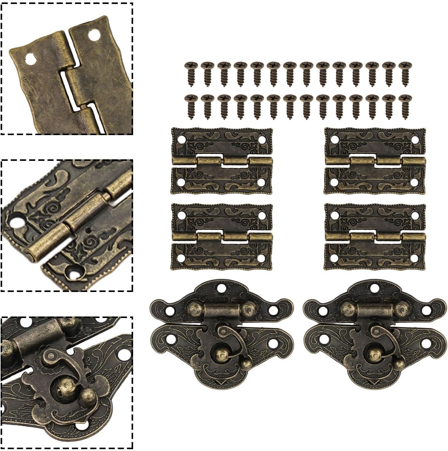 6-Piece Vintage Bronze Cabinet Hinge and Wooden Box Latch Hasp Set Jewelry, Wine & Tool Boxes – Zinc Alloy Hardware with Screws, 49x37mm Hasp + 23x36mm Hinges