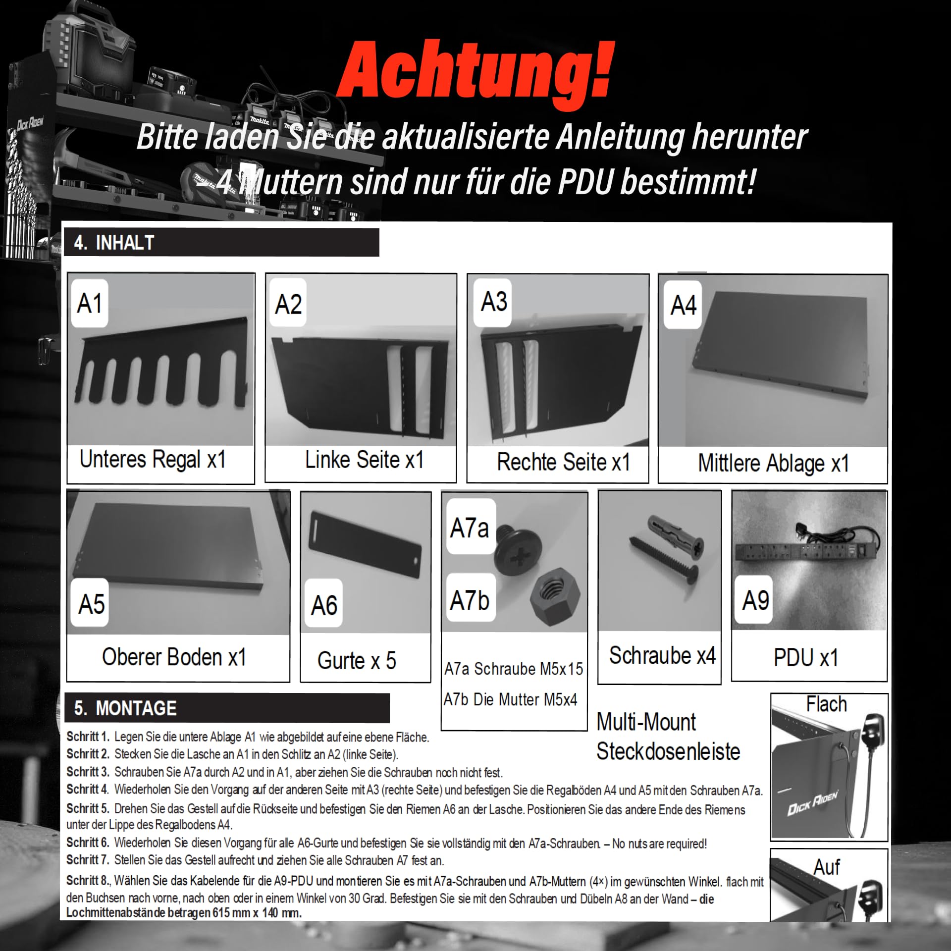 Elektrowerkzeug-Organizer mit Steckdosenleiste & Ladestation, Schwerlast-Werkzeughalter für Werkstatt & Garage, 6-fach Halterung, Metabo Grün.