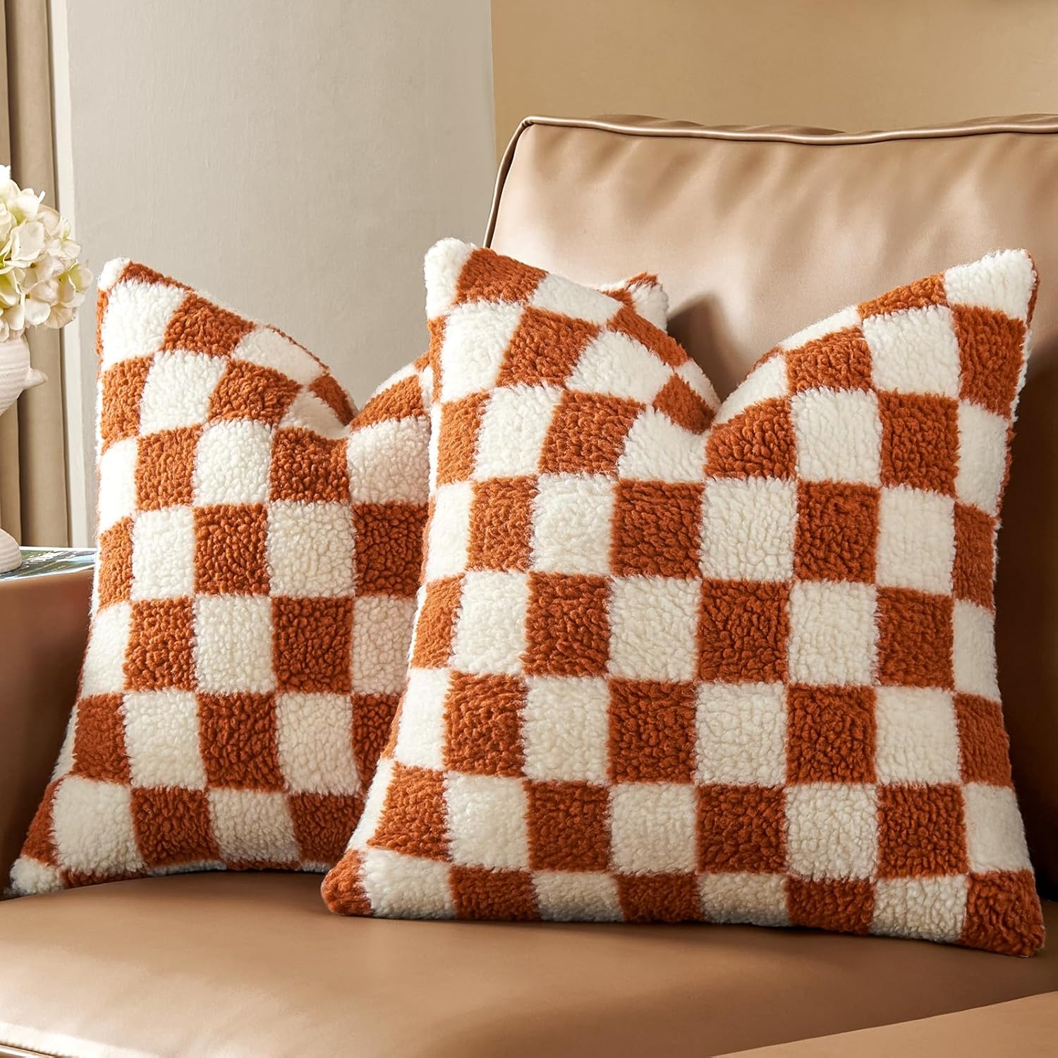 AmHoo Pack of 2 Decorative Throw Pillow Covers Checkerboard Luxury Super Soft Faux Fur Wool Set Case Cushion for Couch Sofa Bedroom 26 x 26-Inch Burnt Orange