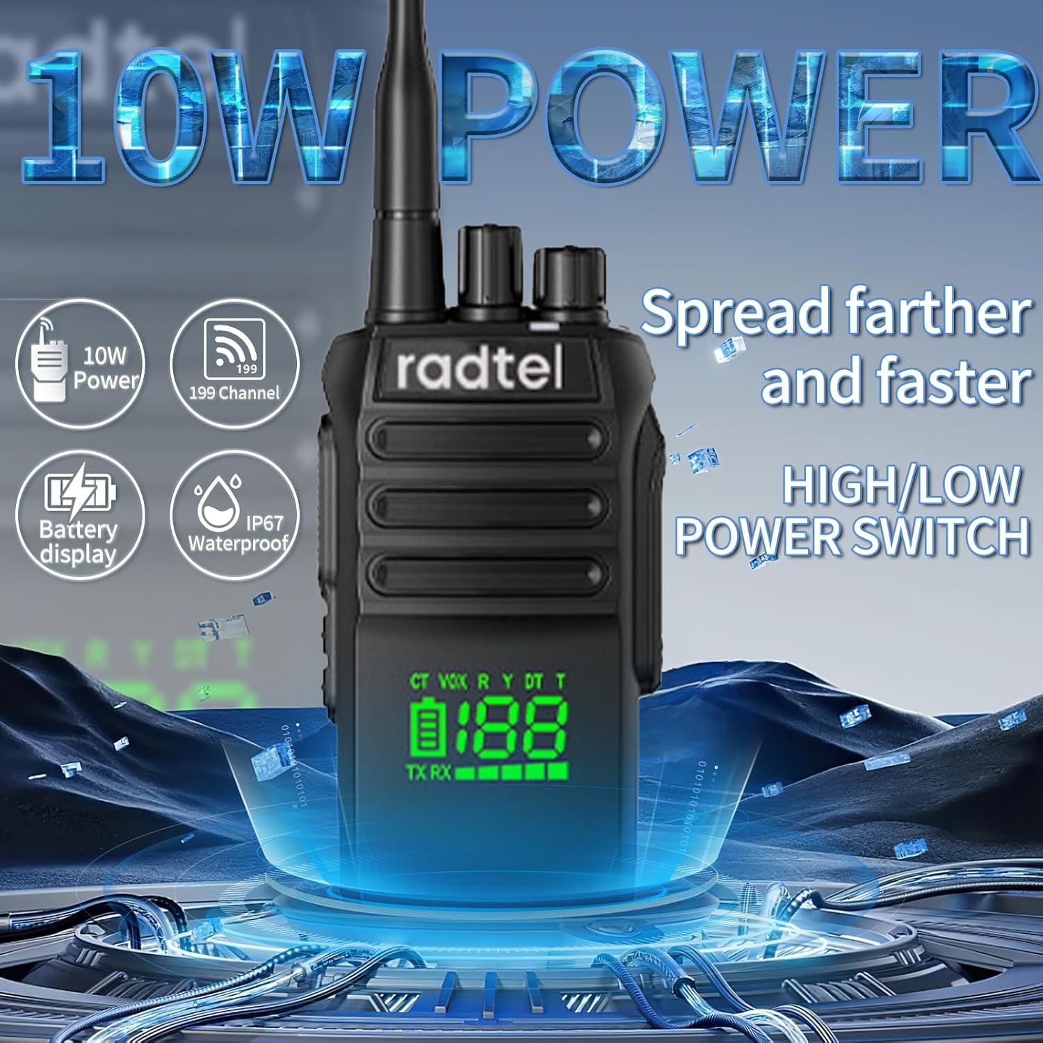 Radtel RT-493 GMRS Radio 10W IP67 Waterproof Handheld, 199 CH Long Range Two Way Radio for Adults, GMRS Repeater Capable, UHF Scanning & Receiving, 2800mAh Type-C Charging