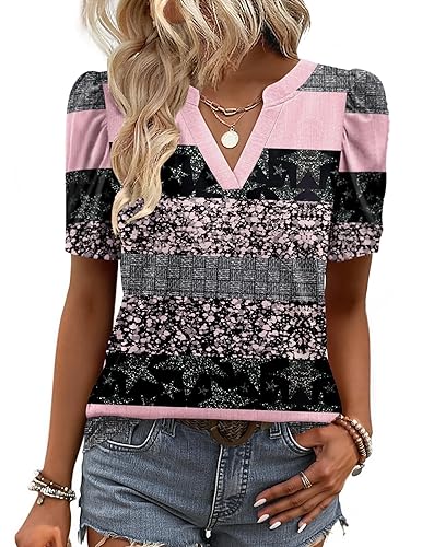 Zeagoo Women Blouses Puff Short Sleeve Tops V Neck Dressy